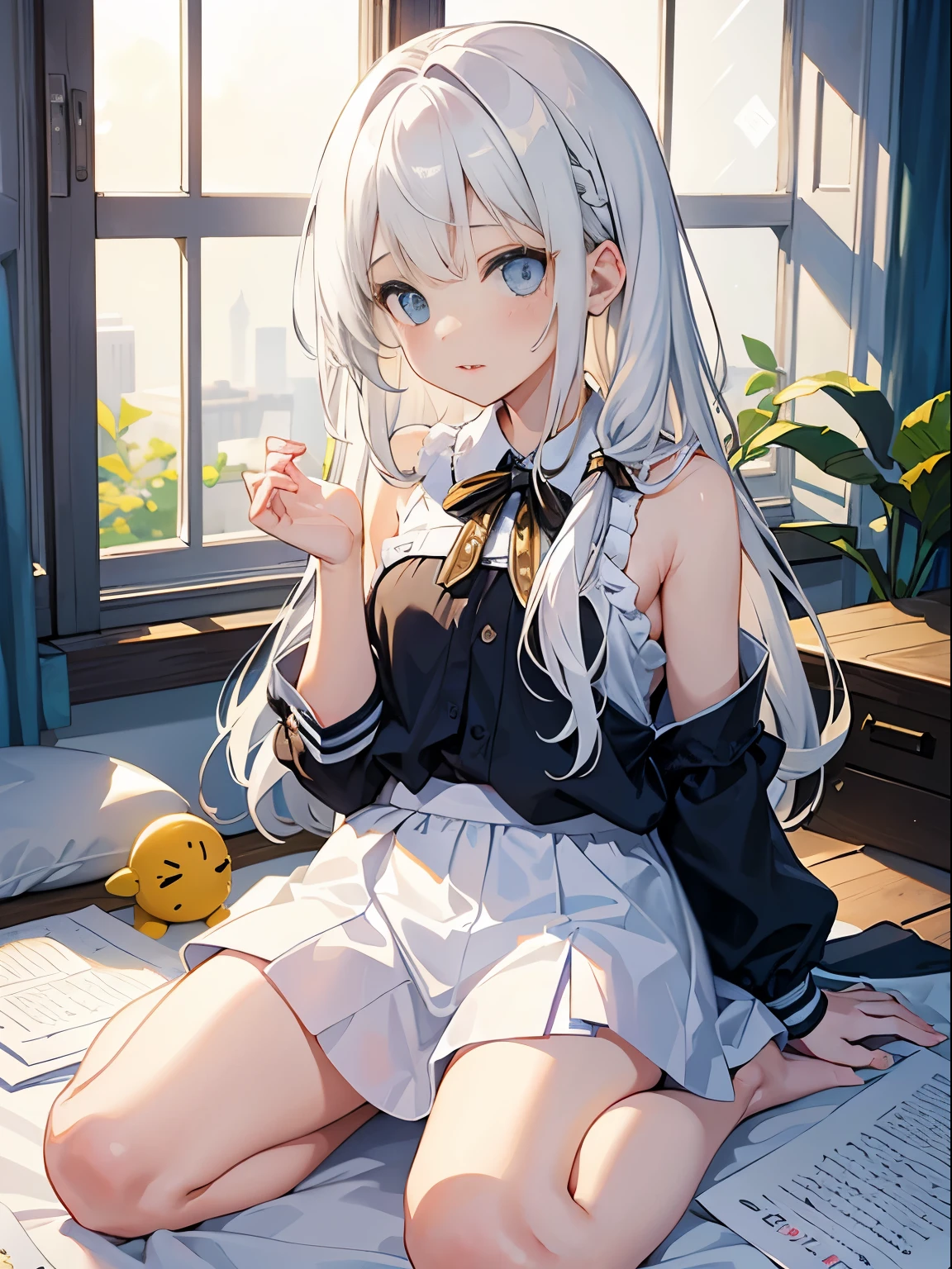 最high quality、best image quality、masterpiece、with a girl((18-year-old、 white underwear、vest bust、bust 85、blonde、semi-long、blue eyes、open your chest wide、valley、happiness、Black wristband on wrist、Slender、Ear Nipple Ring、the whole body is wet、wet hair、naughty face、on all fours、on the bed、Get closer to your audience))high quality、Camera Film Style、With background((Beautiful room at night))、table top、cool style、elaborate design、visual art