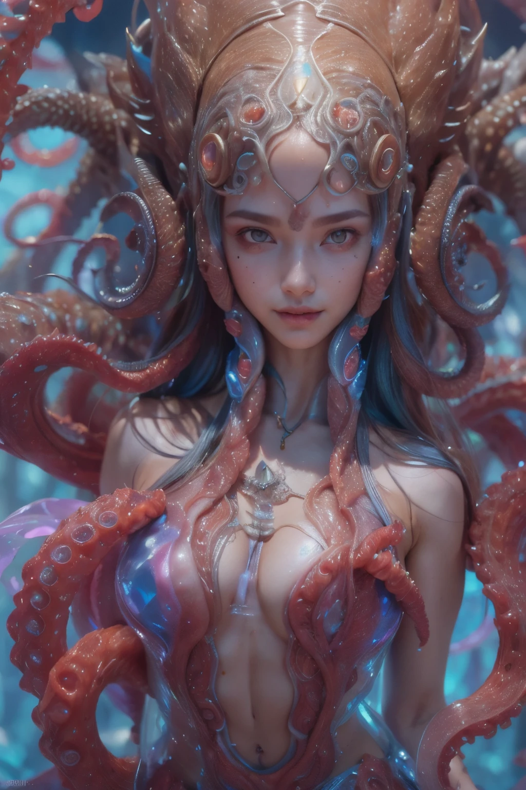 Portrait, (beautiful female alien:1.2), (she has red eyes with no pupils:1.8), (Translucent skin:1.7), (There is a female genital-like organ in the middle of the forehead..:1.9), (The most beautiful face in the history of the universe:1.2),an evil gaze that seduces, (large mouth:1.1), (sharp teeth like a vampire:1.2), Full body portrait, (bio luminescent:1.5), (Smile wickedly:1.3), (sexypose:1.5), alien, No humans, cells are fused, (Lots of translucent tentacles:1.3) extraterrestrial, cell, bio image, best quality, 8K,In 4K_quality, High freshness, Dramatic Lighting, masutepiece:1.5,cinematic quality, detail up, (exquisite details:1.2), high resolution, High freshness, drawing faithfully, (Thick eyebrows:1.2), Beautiful eyes with fine symmetry,(Highly detailed face and eyes:1.2), Intimate face, (Super detailed skin quality feeling:1.4), perfect anatomy, (Beautiful toned body:1.5), (Moist skin:1.2), not wearing makeup, (dark circles:1.1), long canines, cinematic drawing of characters, ultra high quality model, cinematic quality, detail up, (exquisite details:1.2), high resolution, High freshness, drawing faithfully, official art, Unity 8K Wall , 8K Portrait, best quality, Very high resolution, ultra detailed artistic photography, midnight aura, unreal enginee 5, Ultra Sharp Focus, art by alberto seveso, ArtGerm, Roisch, intricate artwork, best quality, masutepiece, ultra high resolution, (photos realistic:1.4), ultra realistic realism, dream-like, nautilus, Creation of fantasy, Snail, Dream Snail, biopunk nautilus, Thrilling color schemes, ultra realistic realism, seductively smiling, Blue tentacles,