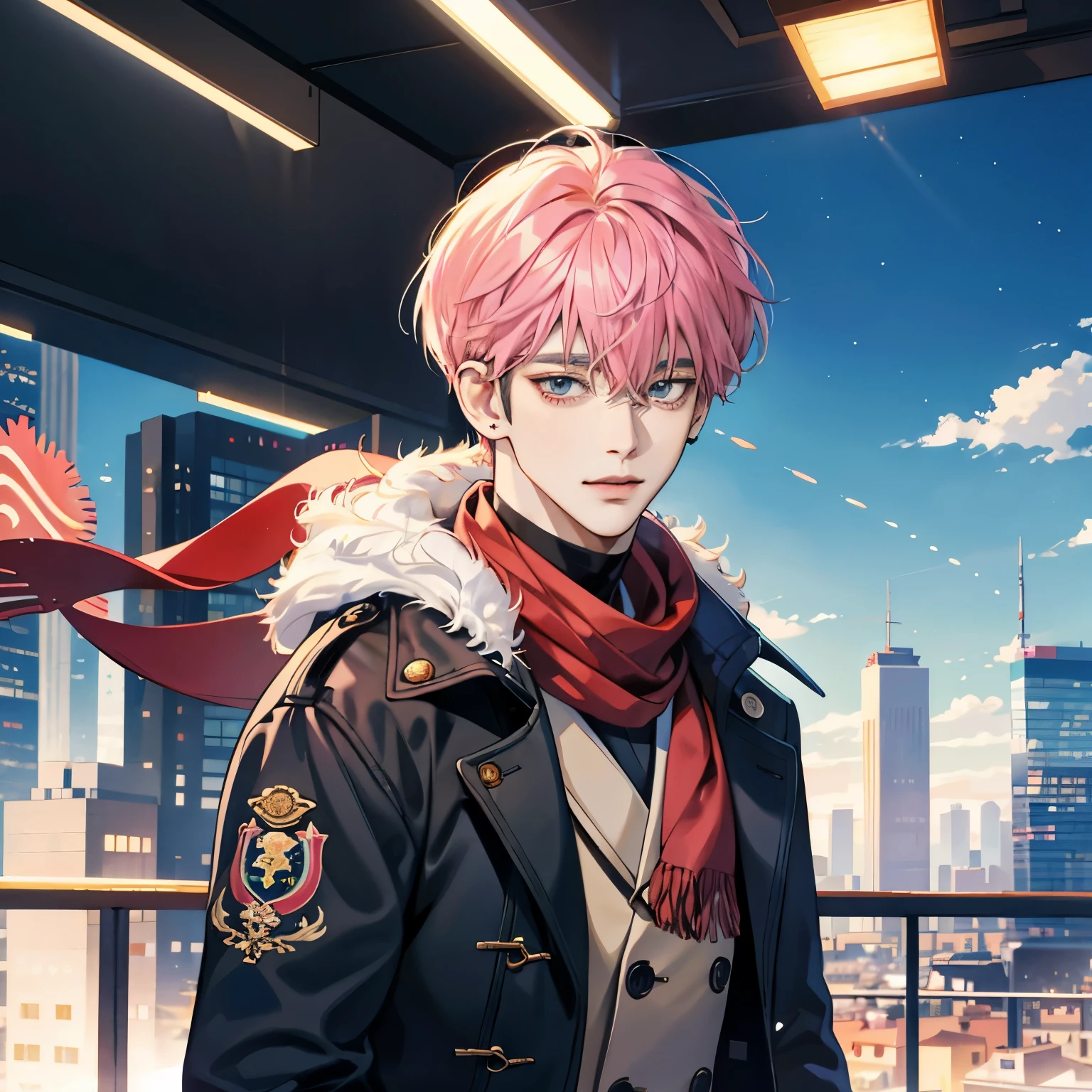 Guviz-style artwork, Made at Anime Painter Studio, anime realismスタイル, realistic anime art style, Drawn at Anime Painter Studio, Inspired by Kim Taehyung, In an anime style, anime handsome guy, Inspired by Kim Taehyung, anime realism、pink hair、A sloppy smile、choker、Multiple piercings、Man with short hair、Male one、Inspired by Kim Taehyung、Duffel coat、Scarf、cityscape、City of the Day