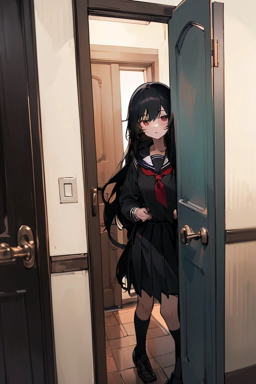 ((use white, black and red))、A girl exploring an abandoned hospital、Scared、Overall dark、flash lights、crouch down holding your head