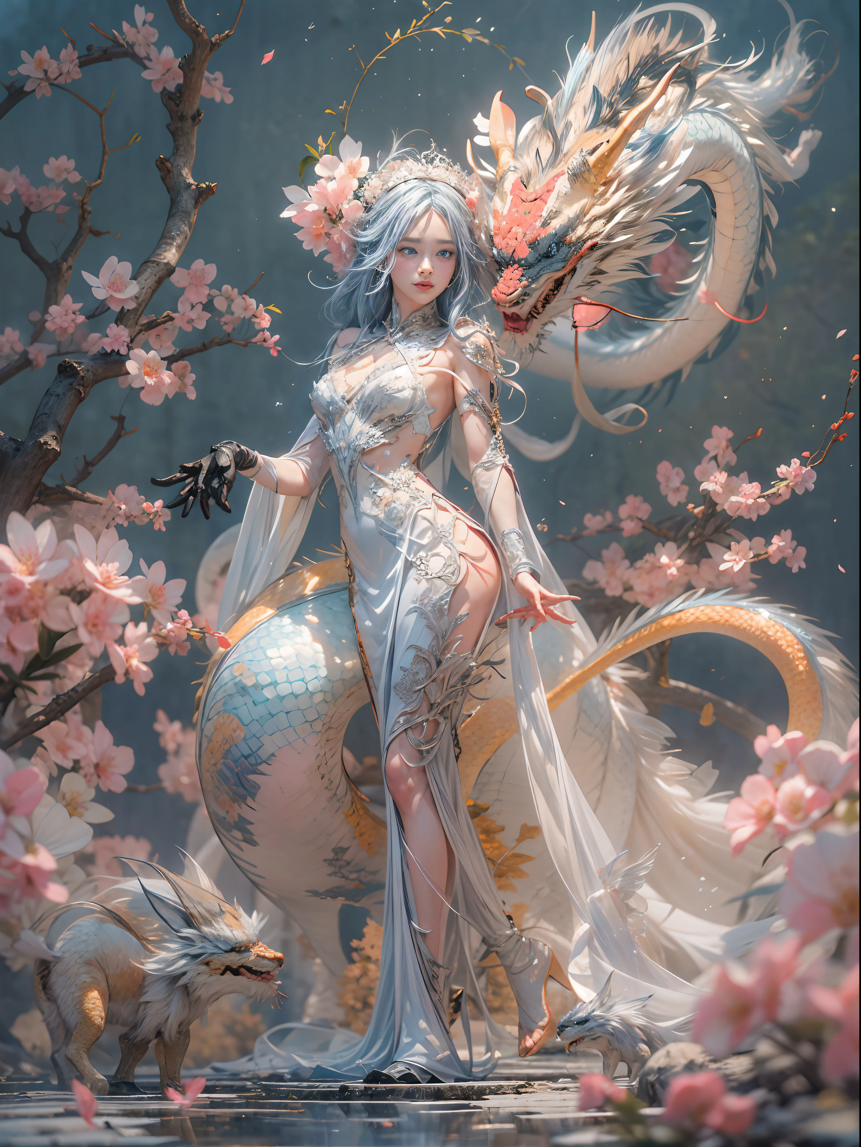 （Blind box toy style：1.2），（fully body photo），1个Giant Breast Girl，Accurate and perfect Japanese female face，The body of the golden ratio，Behind him stands a transparent Chinese dragon，(Mechanical limb，Mechanical torso，Made of shiny white and silver translucent glass and titanium， Delicate lace dress, joyful expressions, Vibrant colors, Peach blossom background,Peach blossom petals fall, Bright sunlight,Delicate flower crown on the head：1.2，Blue eyes：1.2，future-tech，Oriental elements，Dreamy light)，（globalillumination，Ray traching，hdr，Unrealistic rendering，Rational design，high detal，tmasterpiece，best qualtiy，hyper HD，cinmatic lighting)