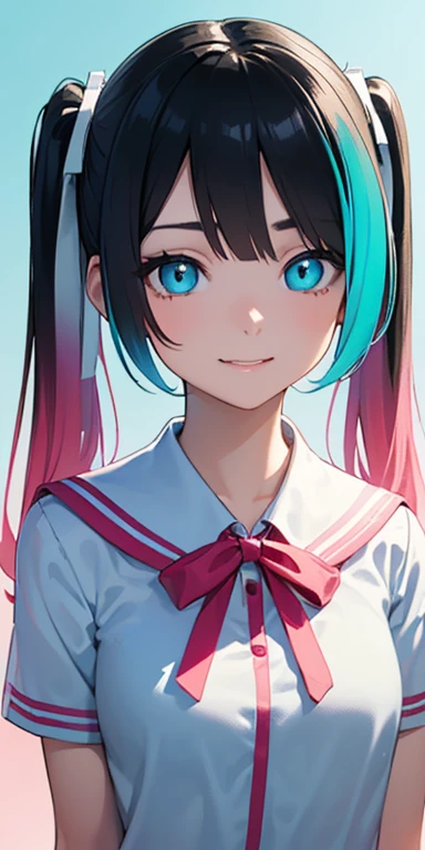 , (colorful fluorescence multicolored hair:1.5,short twintails:1.5), (masterpiece, sidelights, exquisite beautiful eyes: 1.5), masterpieceportrait, realistic, {(Colorful splash background of different colors:1.5)},colorful,3D face,(cute face),front view: 1.6、 (glowing blue eyes),plump face:1.5,(tareme:1.5)、(evil smile:1.2),Rosy Mouth,Slim Body, shiny hair, shiny skin: 1.5、medium breasts,、solo,(stand)、(high school girl,school uniform)、(charactor focus:1.5、portlate:1.5、eye focus:1.5,upper body),(gradient eyes:1.5)