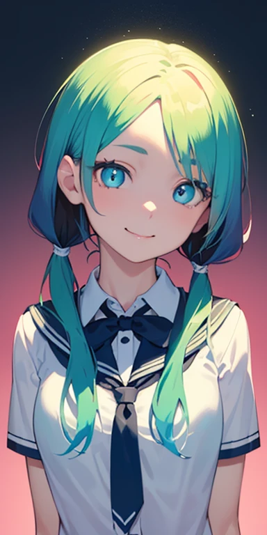 baby face, (colorful fluorescence multicolored hair:1.5,short twintails:1.5), (masterpiece, sidelights, exquisite beautiful eyes: 1.5), masterpiece*portrait, realistic, {(Colorful splash background of different colors:1.5)},colorful,3D face,(cute face),front view: 1.6、 (glowing blue eyes),plump face:1.5,(tareme:1.5)、(evil smile:1.2),Rosy Mouth,Slim Body, shiny hair, shiny skin: 1.5、medium breasts,、solo,(stand)、(high school girl,school uniform)、(charactor focus:1.5、portlate:1.5、eye focus:1.5,upper body),(gradient eyes:1.5)