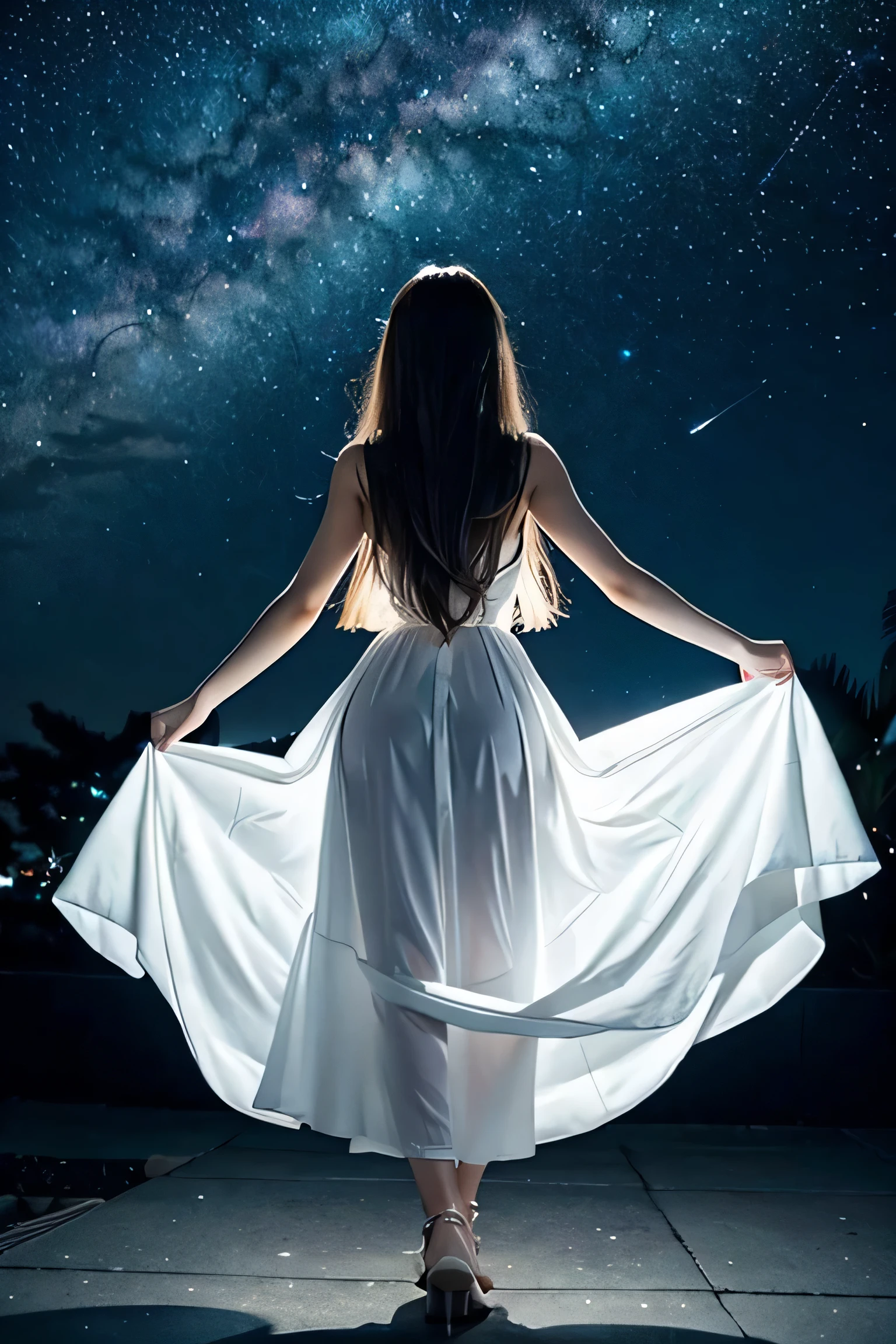 Back view of a woman with beautiful long hair、white dress。dance under the stars