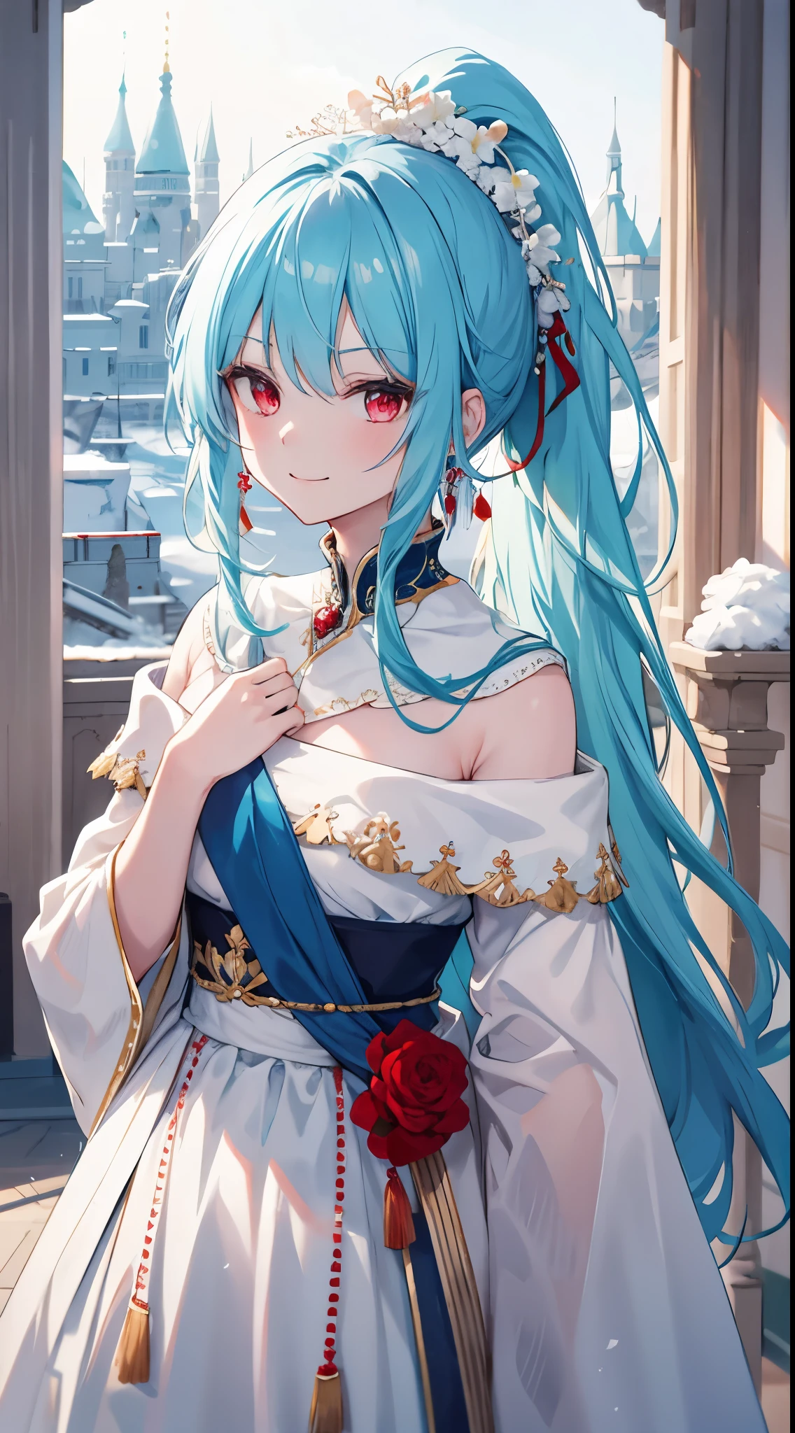 [[[ ultra-detailed, best quality, soft skin, beautiful, 4K]]] high definition, cyan hair, silky hair, red eyes, long hair, ponytail, royal clothes, fit body, snowy palace, white flower hairpin, princess, smirking