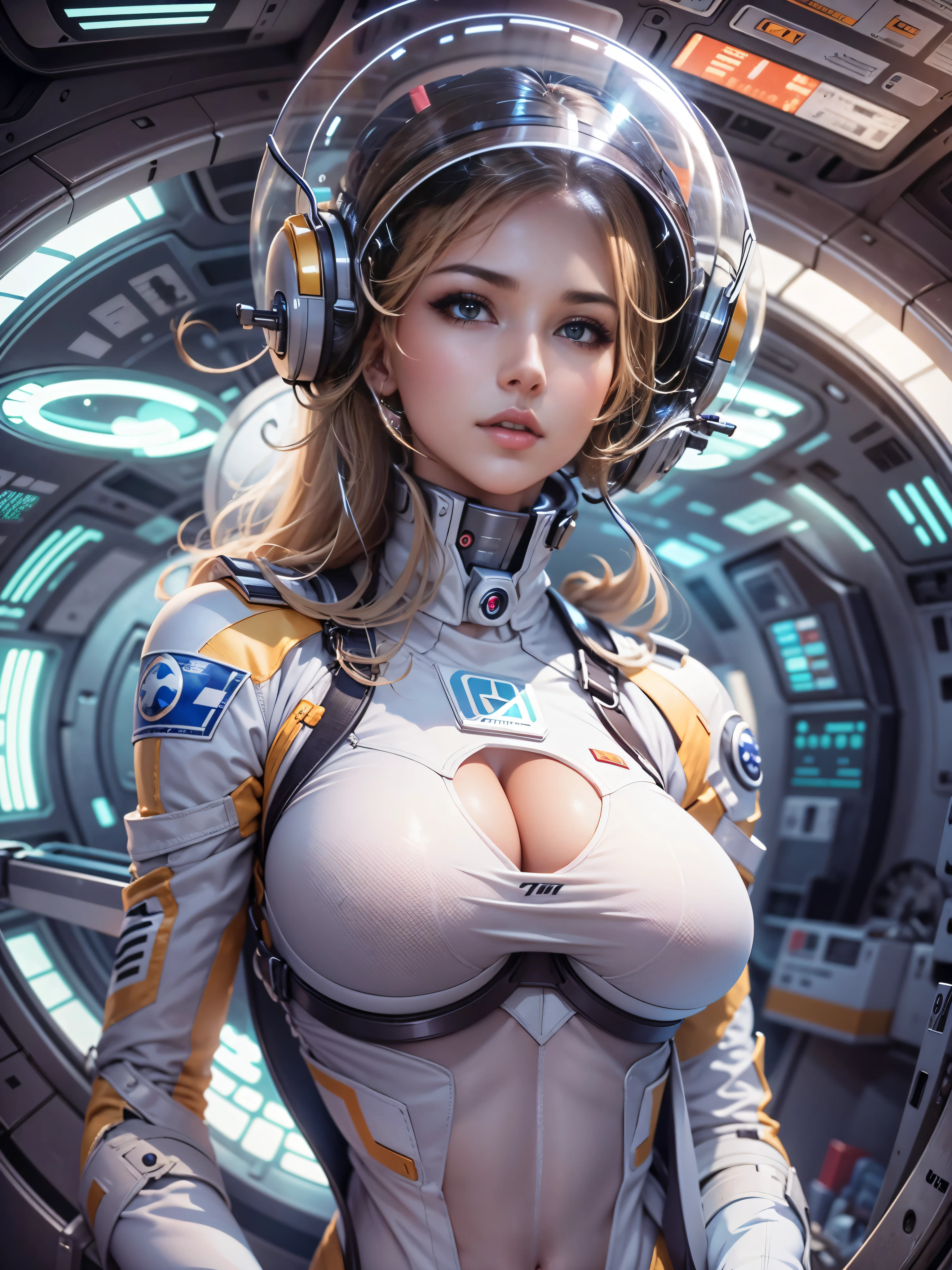 Masterpiece, art, young beautiful woman, flawless skin, smooth skin, very large firm breasts, perfect proportions, space cadet, in space station, in the future, anime, sexy, erotic, UHD resolution, realistic detail, realistic reflections, realistic shadows, 3D,