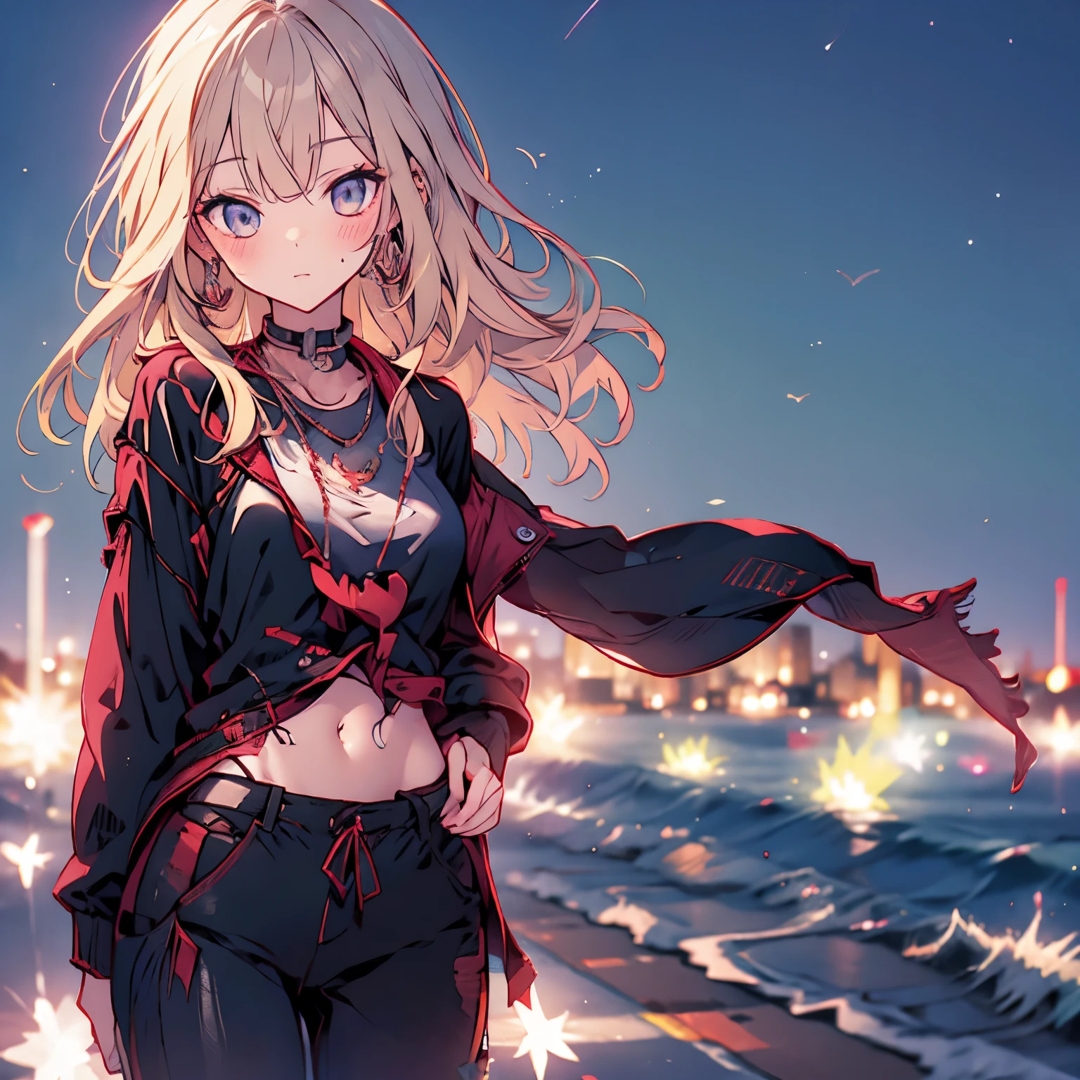 blonde beautiful girl　blush　　festival　fantasy　cute　　night　firework　starry sky　beautiful girl looking at the sky　