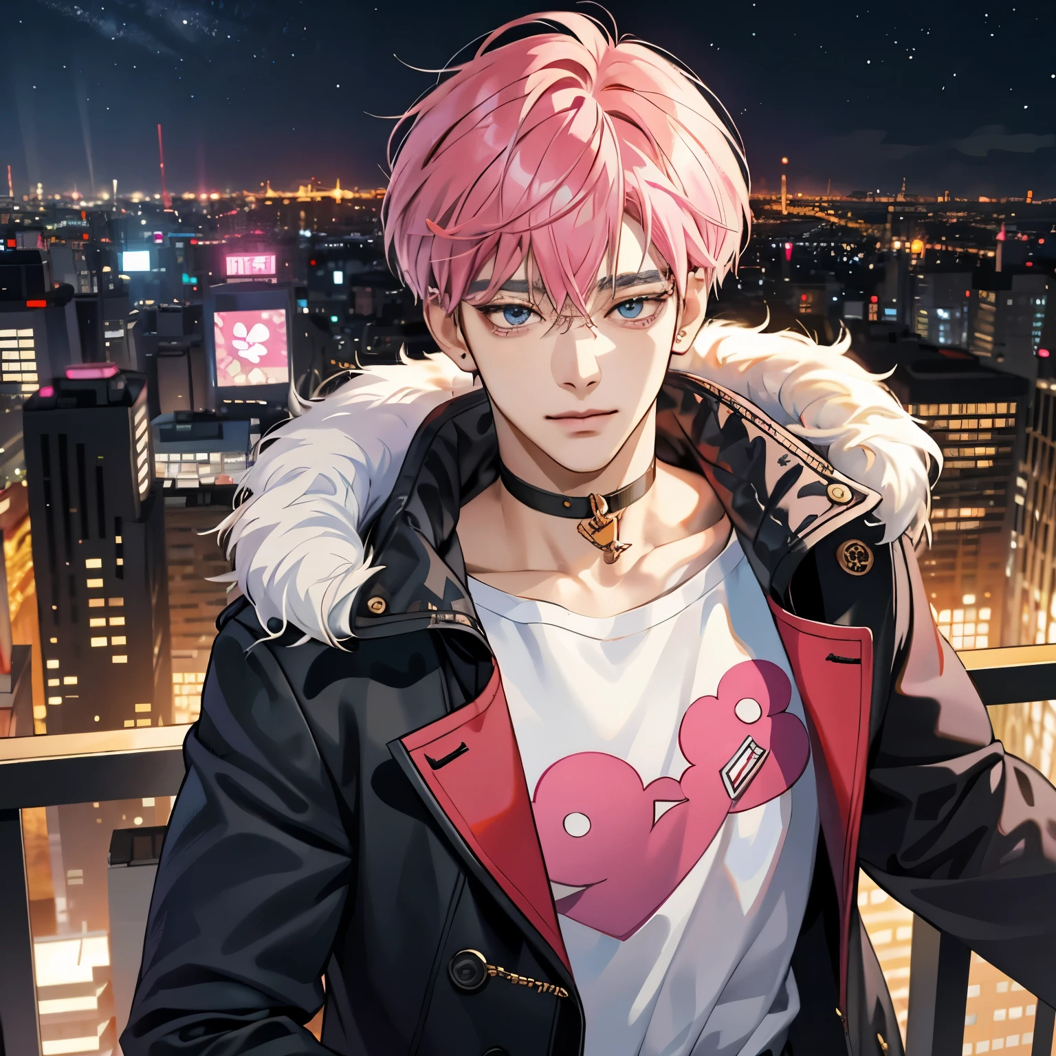 Guviz-style artwork, Made at Anime Painter Studio, anime realismスタイル, realistic anime art style, Drawn at Anime Painter Studio, Inspired by Kim Taehyung, In an anime style, anime handsome guy, Inspired by Kim Taehyung, anime realism、pink hair、A sloppy smile、choker、Multiple piercings、Man with short hair、Male one、Inspired by Kim Taehyung、Duffel coat、Fluffy muffler、cityscape、City of the Day