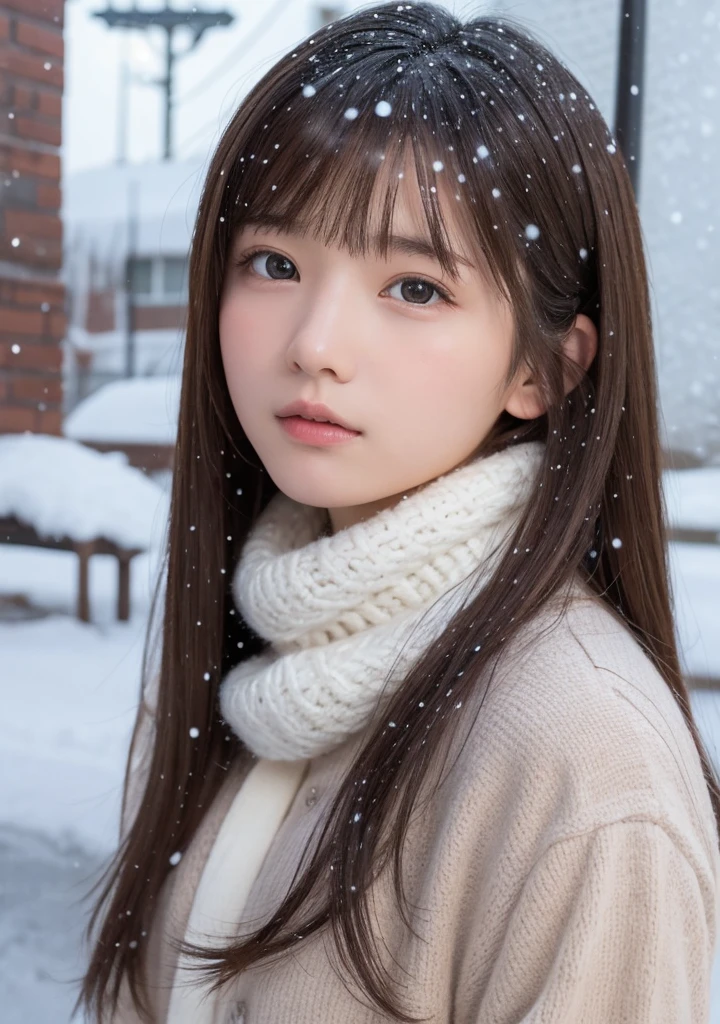 one girl, (beautiful girl, delicate girl:1.3), (15 years old:1.3),
break, (wool clothes:1.3),
break, (Street view:1.3), (it&#39;s snowing:1.3),
break, very fine definition, (symmetrical eyes:1.3),
break, small breasts, brown eyes, parted bangs, brown hair, petite girl,
break, (Eye and face details:1.0), (get closer to the face, Enlarge your face, face focus:1.0),
break, (masterpiece, highest quality, super detailed, detailed face, 8K)