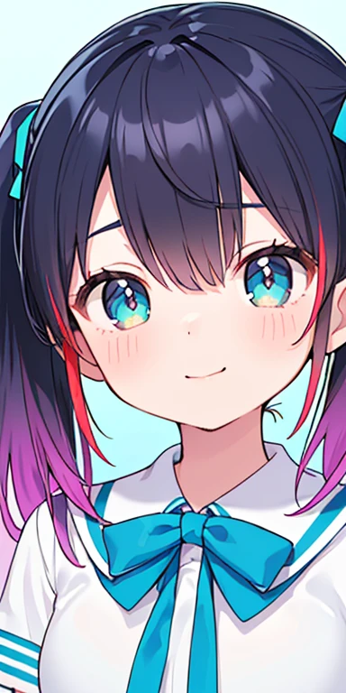 baby face, (colorful fluorescence multicolored hair:1.5,short twintails:1.5), (masterpiece, sidelights, exquisite beautiful eyes: 1.5), masterpiece*portrait, realistic, {(Colorful splash background of different colors:1.5)},colorful,3D face,(cute face),front view: 1.6、 (glowing blue eyes),plump face:1.5,(tareme:1.5)、(evil smile:1.2),Rosy Mouth,Slim Body, shiny hair, shiny skin: 1.5、medium breasts,、solo,(stand)、(high school girl,school uniform)、(charactor focus:1.5、portlate:1.5、eye focus:1.5,upper body),(gradient eyes:1.5)
