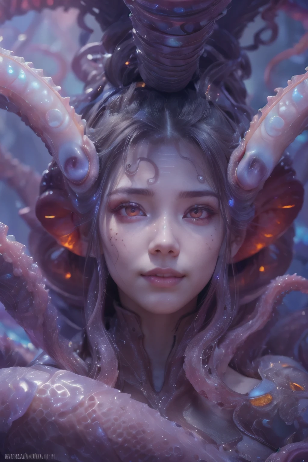 Portrait, (beautiful female alien:1.2), (she has red eyes with no pupils:1.8), (Translucent skin:1.7), (There is a female genital-like organ in the middle of the forehead..:1.9), (The most beautiful face in the history of the universe:1.2),an evil gaze that seduces, (large mouth:1.1), (sharp teeth like a vampire:1.2), Full body portrait, (bio luminescent:1.5), (Smile wickedly:1.3), (sexypose:1.5), alien, No humans, cells are fused, (Lots of translucent tentacles:1.3) extraterrestrial, cell, bio image, best quality, 8K,In 4K_quality, High freshness, Dramatic Lighting, masutepiece:1.5,cinematic quality, detail up, (exquisite details:1.2), high resolution, High freshness, drawing faithfully, (Thick eyebrows:1.2), Beautiful eyes with fine symmetry,(Highly detailed face and eyes:1.2), Intimate face, (Super detailed skin quality feeling:1.4), perfect anatomy, (Beautiful toned body:1.5), (Moist skin:1.2), not wearing makeup, (dark circles:1.1), long canines, cinematic drawing of characters, ultra high quality model, cinematic quality, detail up, (exquisite details:1.2), high resolution, High freshness, drawing faithfully, official art, Unity 8K Wall , 8K Portrait, best quality, Very high resolution, ultra detailed artistic photography, midnight aura, unreal enginee 5, Ultra Sharp Focus, art by alberto seveso, ArtGerm, Roisch, intricate artwork, best quality, masutepiece, ultra high resolution, (photos realistic:1.4), ultra realistic realism, dream-like, nautilus, Creation of fantasy, Snail, Dream Snail, biopunk nautilus, Thrilling color schemes, ultra realistic realism, seductively smiling, Blue tentacles,