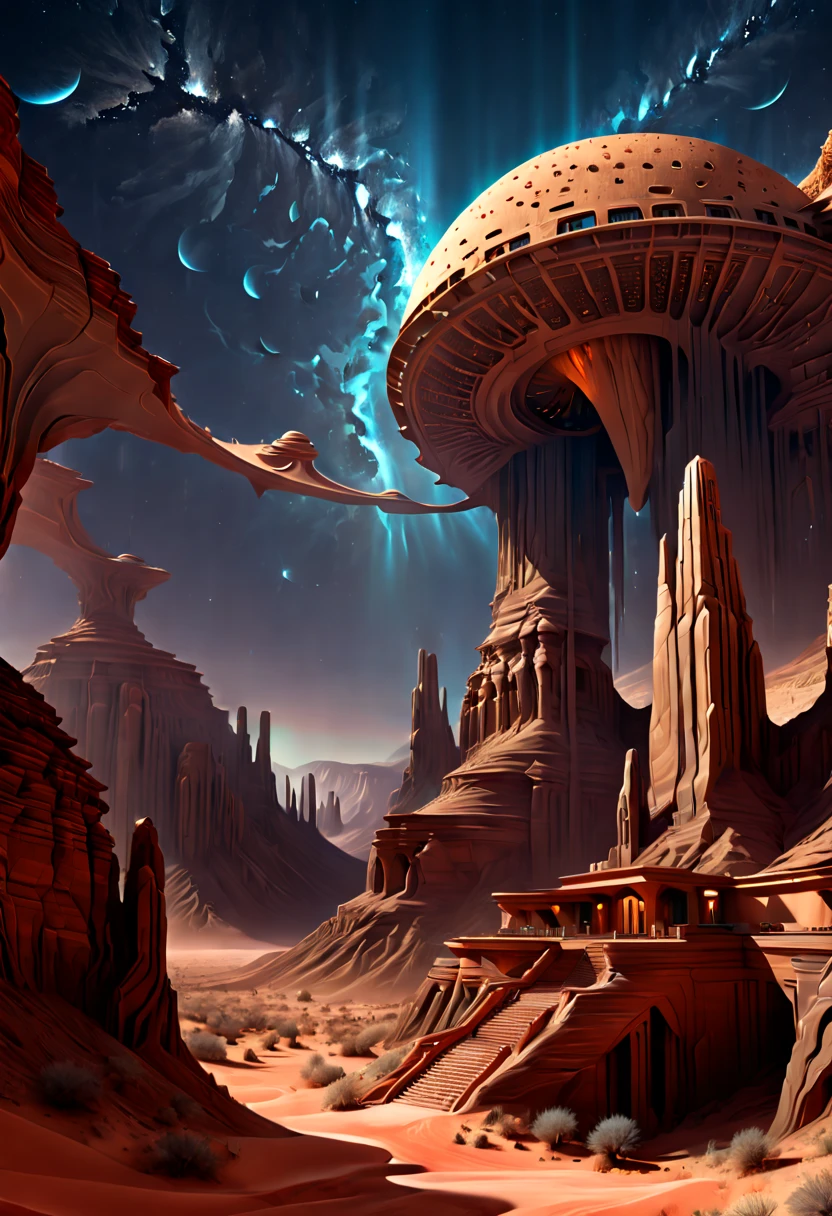 Desert Canyon, Extraterrestrial architecture, night sky, enhance, intricate, (best quality, masterpiece, Representative work, official art, Professional, unity 8k wallpaper:1.3)