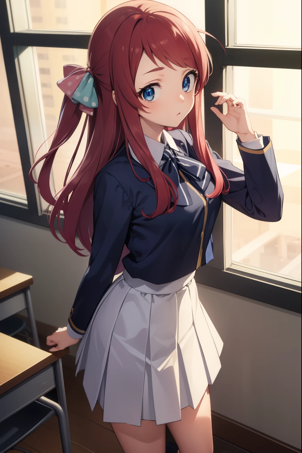 sakuraminamoto, sakura minamoto, blue eyes, long hair, red hair, one side up, hair bow, green bow, red bow, ahoge, polka dot, polka dot bow, (small breast:1.2),
BREAK bowtie, long sleeves, school uniform, serafuku, skirt, white skirt,
BREAK looking at viewer, full body,
BREAK indoors, classroom,
BREAK (masterpiece:1.2), best quality, high resolution, unity 8k wallpaper, (illustration:0.8), (beautiful detailed eyes:1.6), extremely detailed face, perfect lighting, extremely detailed CG, (perfect hands, perfect anatomy),