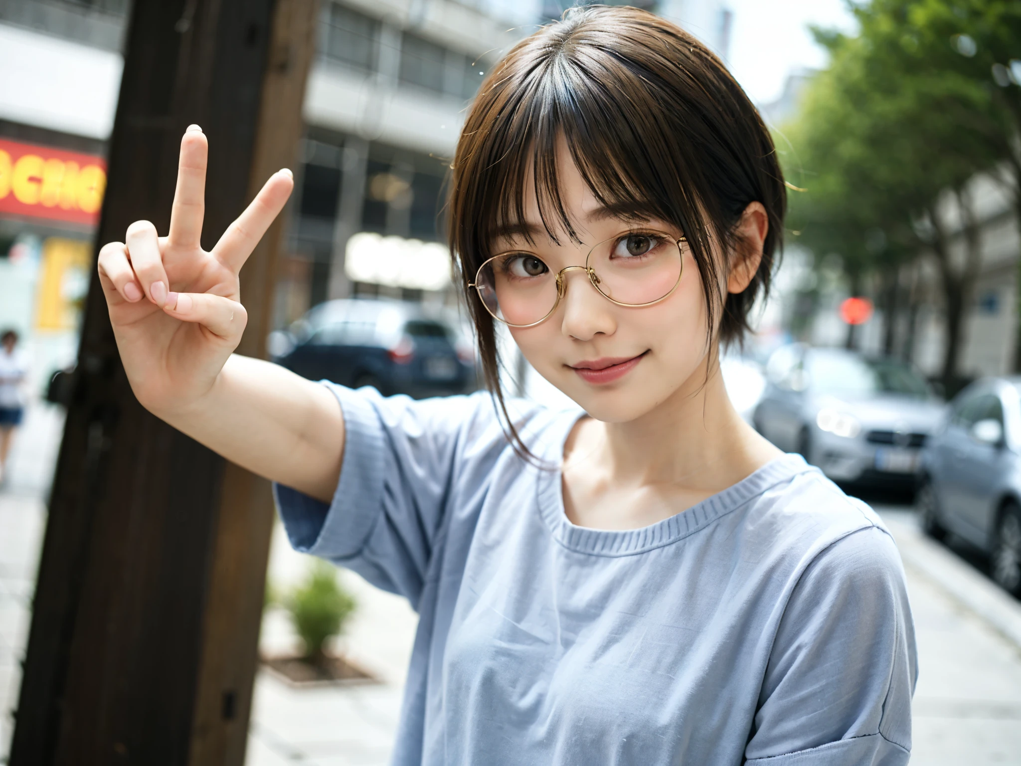 A woman posing in casual clothes、Street style corner of Japan、highest quality、1 girl、small box、Day、bright、blur background、Bokeh、outside the house、(Street style:0.8)、woman wearing glasses、thin frame glasses、round lens glasses、thin gold glasses frames、sweater:1.5、水色のsweater:1.2、blue clothes:1.5)、luxury(short hair、amount:1.2)、Beautiful sky drawn in detail、(dynamic pose:1.2)、 (upper body:0.5)、soft lighting、Wind、glowing skin、laughter、