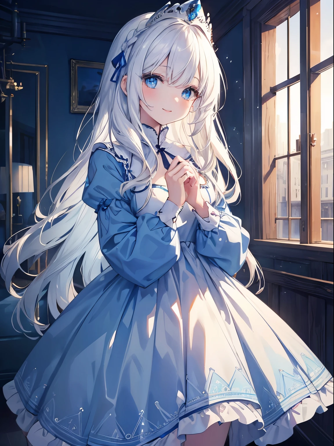 pieces fly, highest quality, (perfect face:1.1), (high detail:1.1), (highly detailed eyes), that'dramatic, Ultra-fine illustration, very detailed, 1 girl, (white skin), long white hair, mysterious eyes, blue eyes,we say, (Thin eyebrows,alone,shy smile, Happy, laugh together, enjoy, plump lips,cinematic lighting, looking for audience,cowboy shot,long sleeve,blue princess dress, indoor,winter background