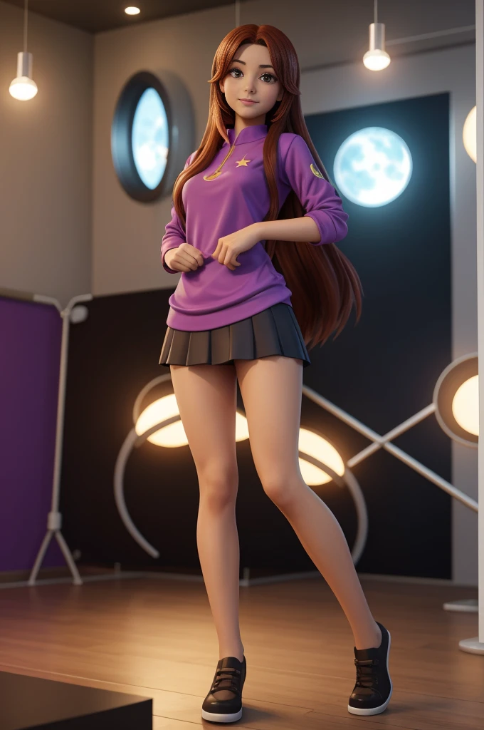 a full body view of a woman with long hair and a purple shirt, smooth anime cg art, render of april, anime styled 3d, portrait anime space cadet girl, starfire, portrait of a female anime hero, render of a cute 3d anime girl, anime girl of the future, portrait knights of zodiac girl, maya ali as a lightning mage, airbrush render