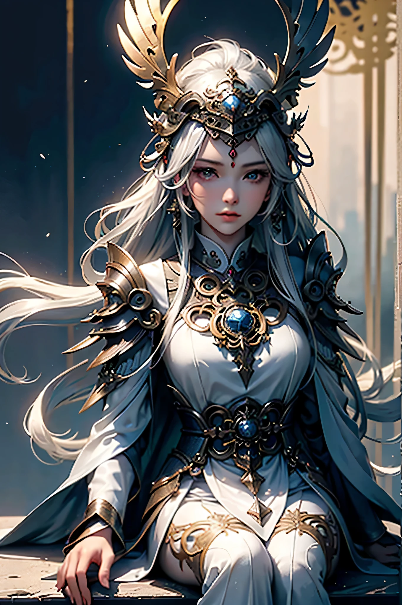 ((Miss, sitting, close-up, lifelike )) lifelike视觉效果, Exquisite art,charming beauty, dramatic contrast,  8k wallpaper, ridiculous, incredibly ridiculous,  Goddess of Silver Helmet Gada Xintai Gaodan
  