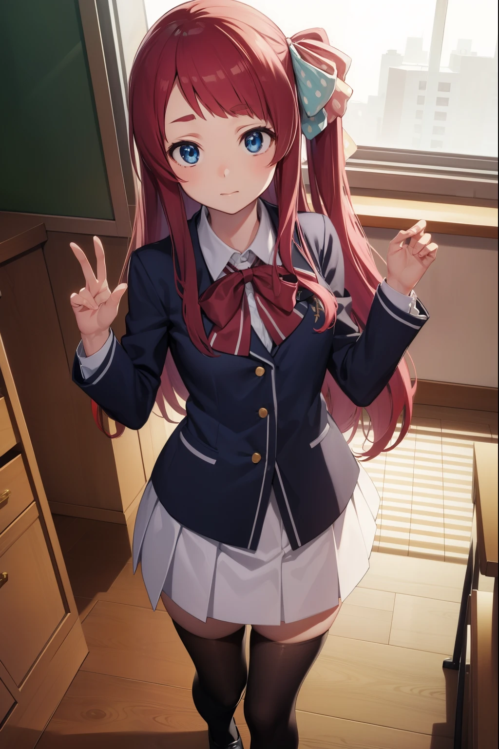 sakuraminamoto, sakura minamoto, blue eyes, long hair, red hair, one side up, hair bow, green bow, red bow, ahoge, polka dot, polka dot bow, (small breast:1.2),
BREAK bowtie, long sleeves, school uniform, serafuku, skirt, white skirt,
BREAK looking at viewer, full body,
BREAK indoors, classroom,
BREAK (masterpiece:1.2), best quality, high resolution, unity 8k wallpaper, (illustration:0.8), (beautiful detailed eyes:1.6), extremely detailed face, perfect lighting, extremely detailed CG, (perfect hands, perfect anatomy),