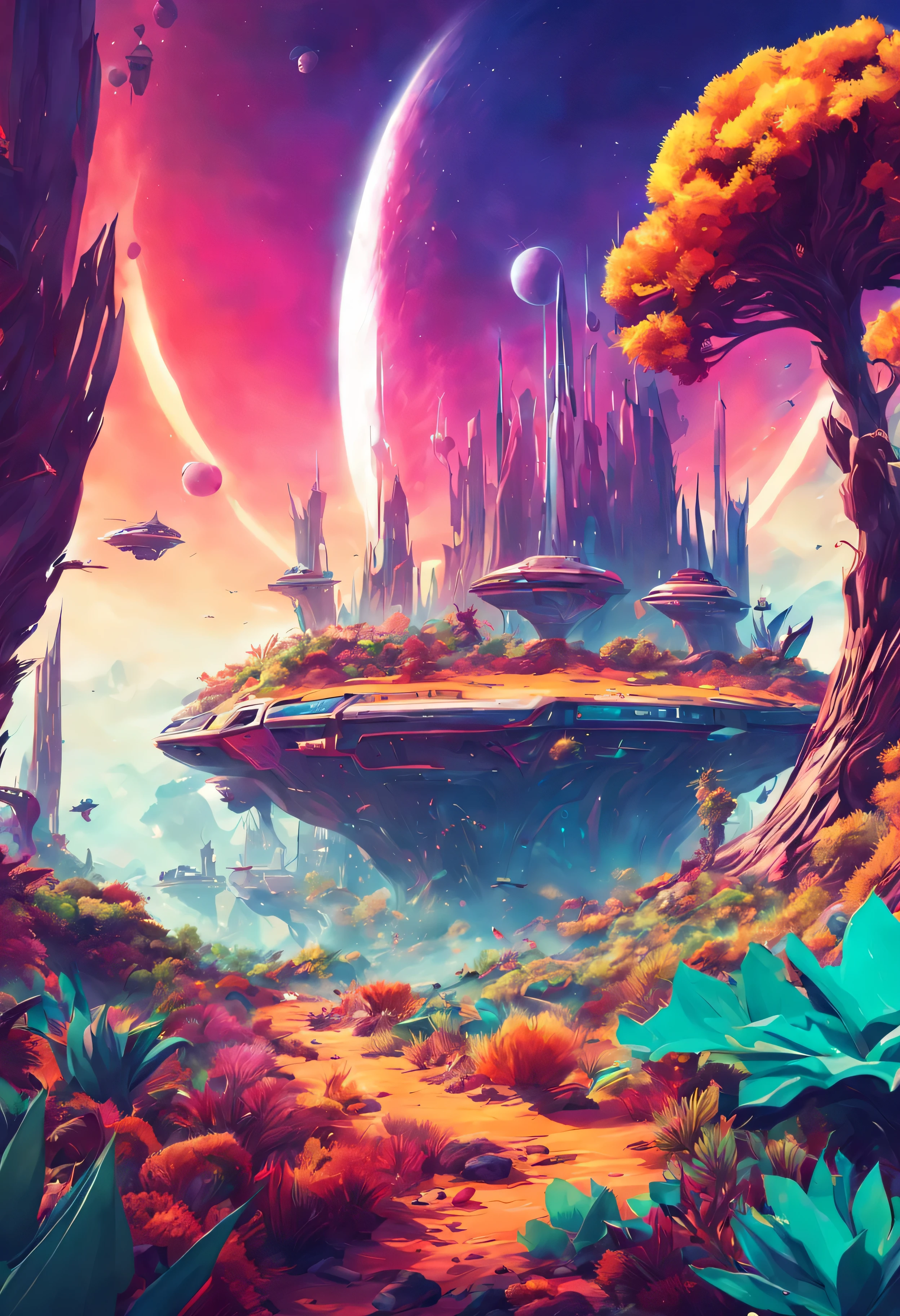 planet landscape, no mans sky spaceship crashed, no buildings,full of fantasy plants and animals, high detail, realistic, day light,
