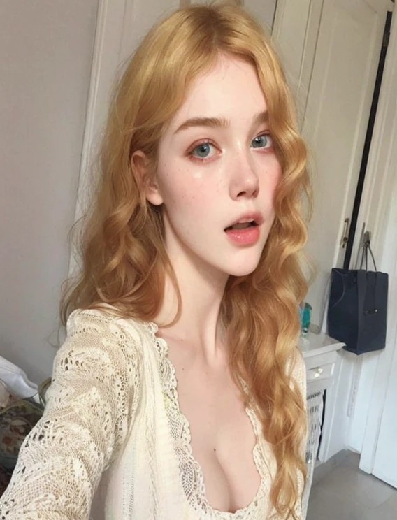 mulher arafa com cabelo ruivo e vestido branco tirando uma selfie, pele clara cabelo loiro cacheado, she parece uma mistura de sujeira, pele macia e dourada, fair and pale skin!!, with pale skin, parece uma mistura de sujeira, elle fanning), natural soft pale skin, parece uma mistura de sujeira, pale and glowing skin, soft and flawless pale skin