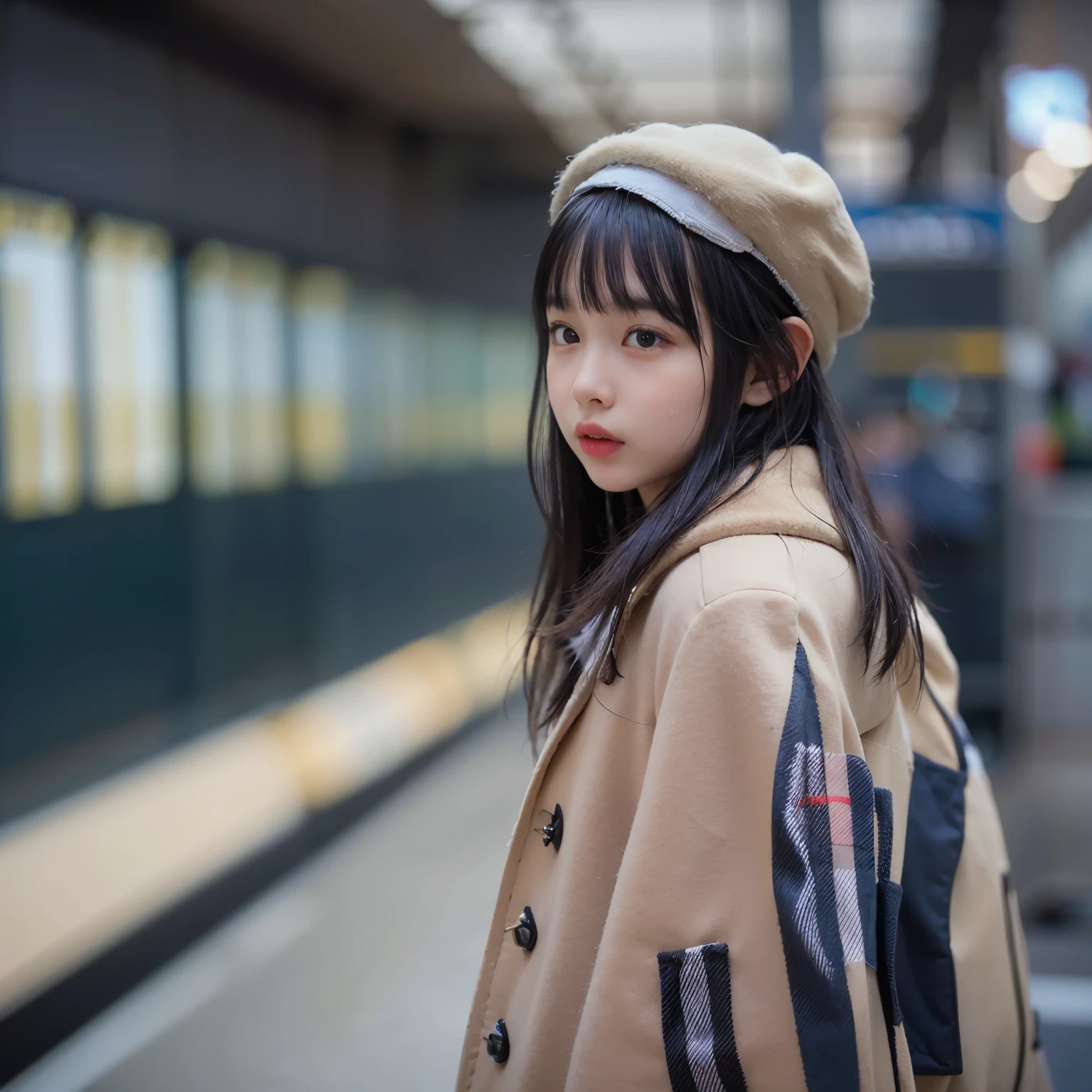 masterpiece、highest quality、super realistic、surreal、Ultra high definition、8k、Raw photo、textured skin、One Nogizaka girl,(16 years old,medium bob hair,bangs,black hair,floating hair,slim,small face,chest is small,thin waist,small ass,Are crying:1.5),(ivory wool hat、dark blue duffel coat、burberry scarf:1.2)、terminal station platform、lean on a pillar、crowd(Natural light、strong sunlight、Moving the chart, film grain、full body shot、profile、profile、It's blurry、very long shot、letterbox、negative space、Sigma 85mm F/1.4)、finder