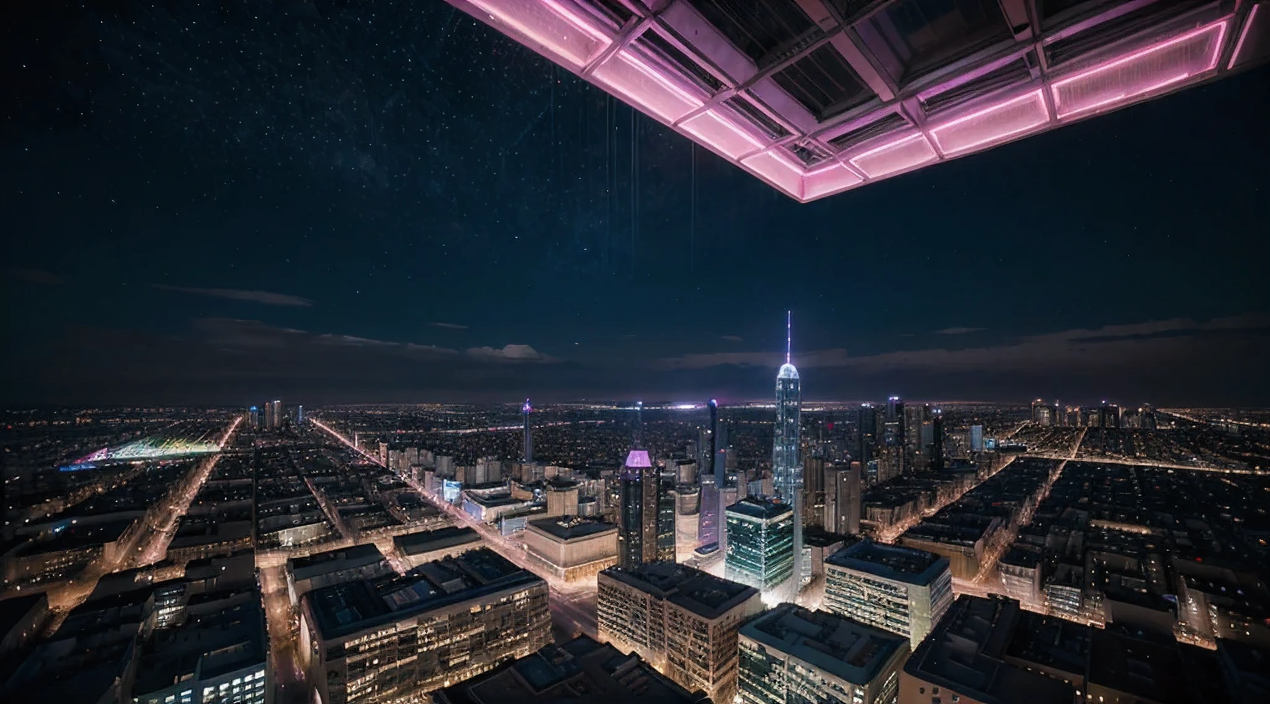 La vista desde un ventanal de un alto edificio. (aerial, futurista, ciberpunk, fucsia, panorama view) paisaje urbano, rascacielos, Edificios imponentes, iluminado por el cielo nocturno. edificio central, majestuosamente se alza en el centro. (brillante:1.1) Neon lights and holographic advertisements fill the streets, Long shutter style, hiperrealista. All in purple colors, azules, violetas y verdes.