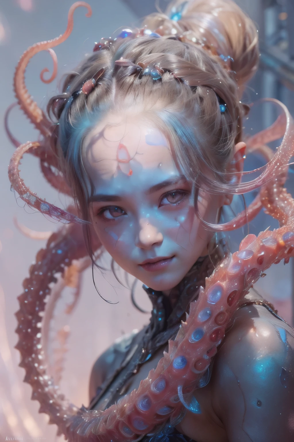 Portrait, (beautiful female alien:1.2),  (she has red eyes with no pupils:1.8), (Translucent skin:1.7),  (There is a female genital-like organ in the middle of the forehead..:1.9), (The most beautiful face in the history of the universe:1.2),an evil gaze that seduces, (large mouth:1.1), (sharp teeth like a vampire:1.2), Full body portrait, (bio luminescent:1.5), (Smile wickedly:1.3),  (sexypose:1.5), alien, No humans, cells are fused, (Lots of translucent tentacles:1.3) extraterrestrial, cell, bio image, best quality, 8K,In 4K_quality, High freshness, Dramatic Lighting, masutepiece:1.5,cinematic quality, detail up, (exquisite details:1.2), high resolution, High freshness, drawing faithfully, (Thick eyebrows:1.2), Beautiful eyes with fine symmetry,(Highly detailed face and eyes:1.2), Intimate face, (Super detailed skin quality feeling:1.4), perfect anatomy,  (Beautiful toned body:1.5),  (Moist skin:1.2), not wearing makeup, (dark circles:1.1), long canines, cinematic drawing of characters, ultra high quality model, cinematic quality, detail up, (exquisite details:1.2), high resolution, High freshness, drawing faithfully, official art, Unity 8K Wall  , 8K Portrait, best quality, Very high resolution, ultra detailed artistic photography, midnight aura,  unreal enginee 5, Ultra Sharp Focus, art by alberto seveso, ArtGerm, Roisch, intricate artwork, best quality, masutepiece, ultra high resolution, (photos realistic:1.4), ultra realistic realism, dream-like,  nautilus, Creation of fantasy, Snail, Dream Snail,  biopunk nautilus, Thrilling color schemes， ultra realistic realism， seductively smiling, Blue tentacles,