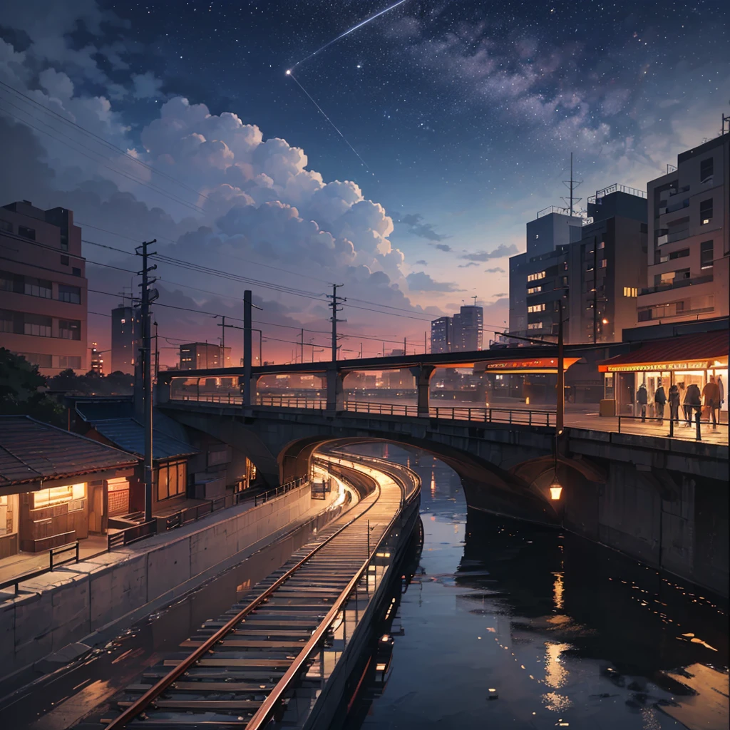 High-quality masterpieces, landscapes, animated passenger ships passing water bodies on railway tracks, bright starry sky. Shooting star. Romantic liner, pixiv, concept art, lofi art style, reflection. Makoto Shinkai, rophy art, beautiful anime scenes, anime scenery, detailed scenery — width 672, Makoto Shinkai's style, Makoto Shinkai's style, enhanced details. --auto --s2