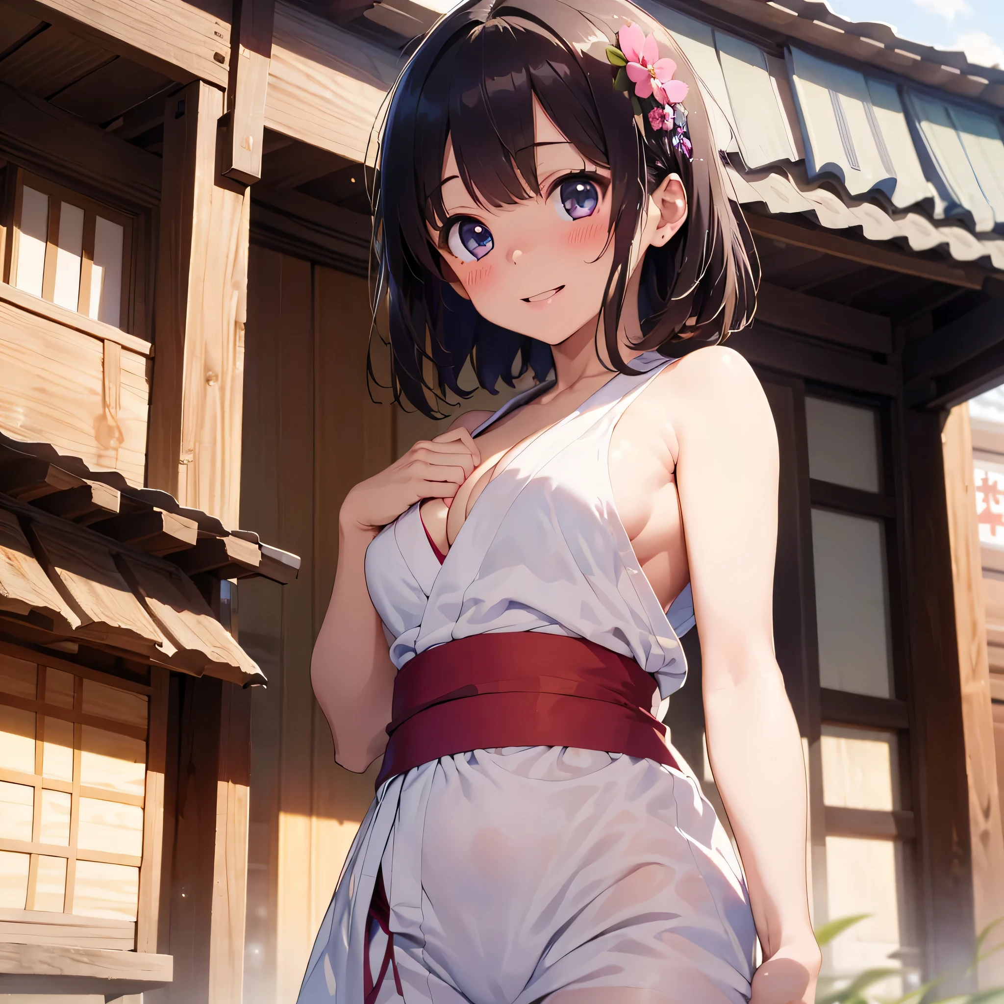 (masterpiece:2.0), (highest quality:2.0), (getting naked at a shrine:1.5), (pink berry short yukata:1.5), (Super Sexy Pose:1.5), (look up from below:1.5), (Perfect exposed shoulders:1.5), (Perfect exposed nape:1.5), (blushing face:1.5), (cover your crotch with your hands:1.5), (cover your chest with your hands:1.5), (spill:1.5), (realistic:1.5), You can see on the side, 1 , precision small hands, embarrassed look, light smile, A surprised face to see me, very cute girl, innocent face, young face, clear eyes, shining eyes, small breasts, I can see your shoulders, Tummy is visible, I can see the cleavage, Pubic hair does not grow, dynamic posing, beautiful skin, Super fine, highest resolution, Japan High School Student, golden hair