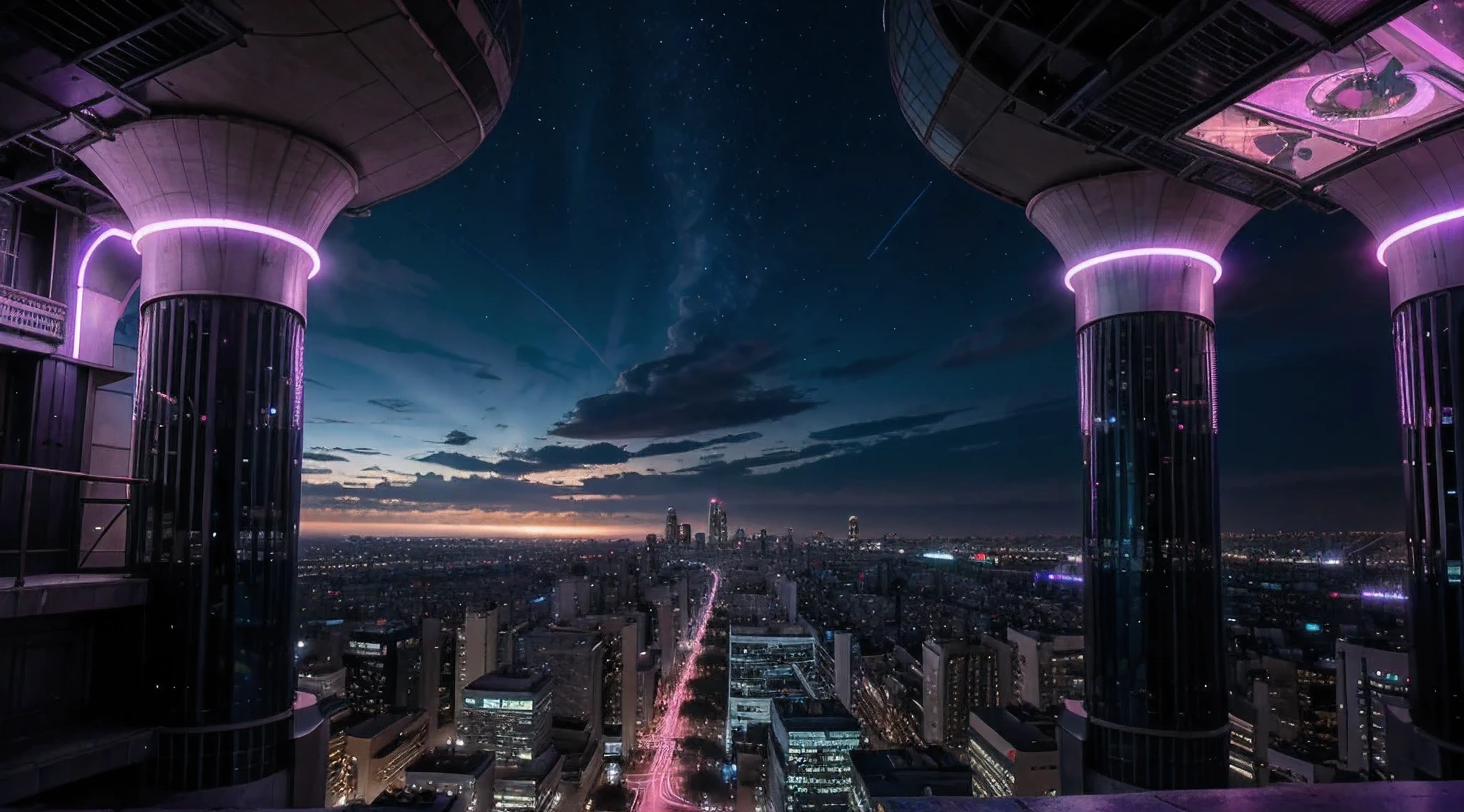 La vista desde un ventanal de un alto edificio. (aerial, futurista, ciberpunk, fucsia, panorama view) paisaje urbano, rascacielos, Edificios imponentes, iluminado por el cielo nocturno. edificio central, majestuosamente se alza en el centro. (brillante:1.1) Neon lights and holographic advertisements fill the streets, Long shutter style, hiperrealista. All in purple colors, azules, violetas y verdes.