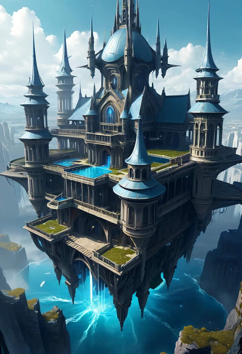 Top angle of view，Look down from above，isometric art，Huge high-tech floating medieval ancient palace，Futuristic alien warrior futuristic floating medieval ancient palace and futuristic futuristic floating medieval ancient palace background, Inspired by Marek Ocon, Beautiful sci-fi art, science fiction digital art插画, Digital Cyberpunk Art, science fiction digital painting, futuristic digital painting, futuristic concept art, Sci-fi floating medieval palace landscape ahead, science fiction digital art, 先进的Digital Cyberpunk Art, Amazing cyberpunk alien warriors