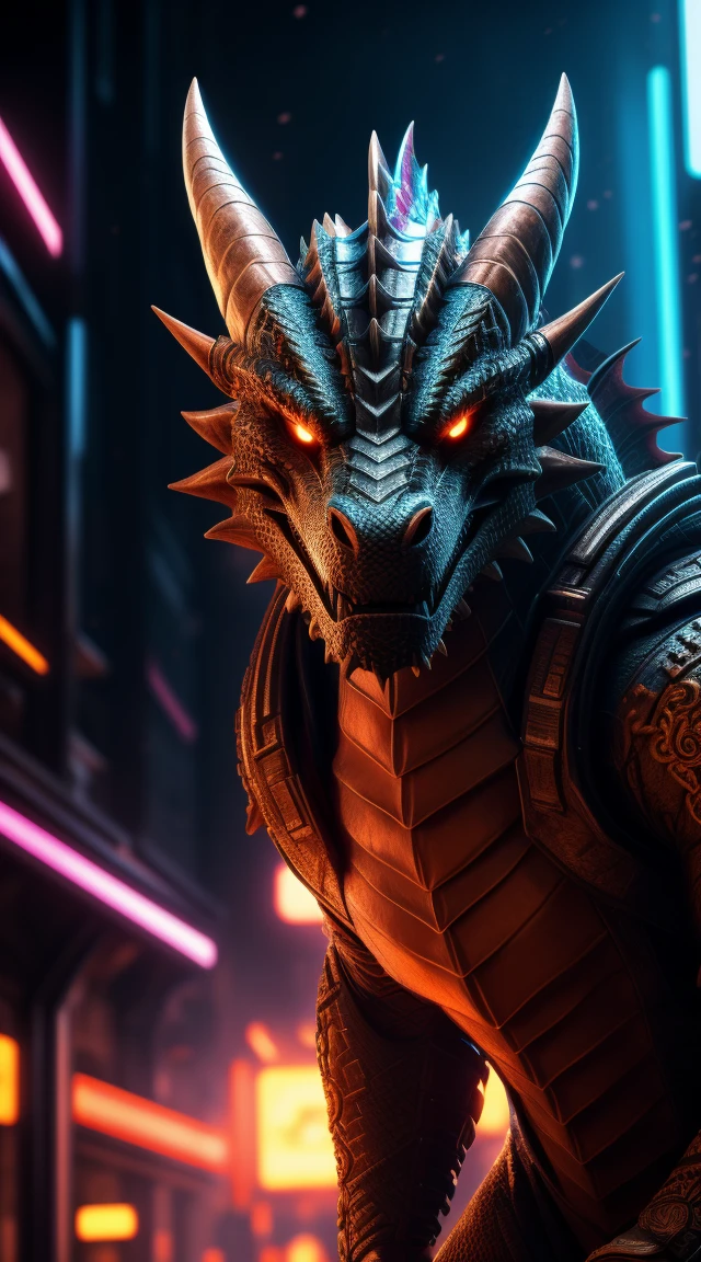 maximum quality, dramatic lighting, fierce expression, epic atmosphere, dragon head, (((full body shot))),a cyberpunk style dragon, mechanics, ((intricate details)), HDR, ((intricate details, hyperdetailed)) , incandescent lamps, cinematic shot, vignette, bokeh background effect, (Canines) UHD
