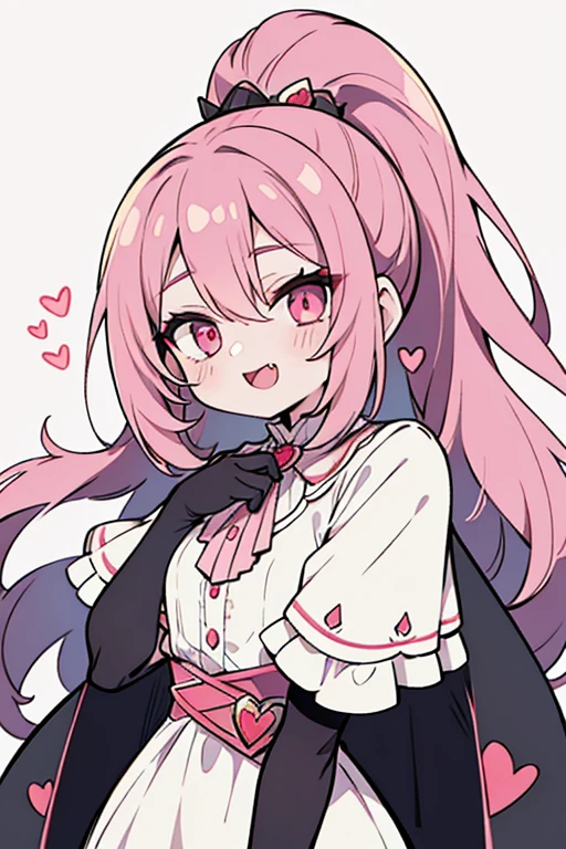 Draculaura has pale pink skin, pale pink eyes and long black hair with pink highlights. Seu cabelo seria visto muito em maria-chiquinhas, but she can wear it in a single ponytail or even loose. Many of her physical features nod to her vampire heritage., como orelhas pontudas, fangs and pale skin with a pink tinge that is especially sensitive to the sun. She also has a small pink heart just below her left eye.. Your fashion themes are vampire fangs, hearts, fitas, arcos, a cor rosa e asas de morcego.