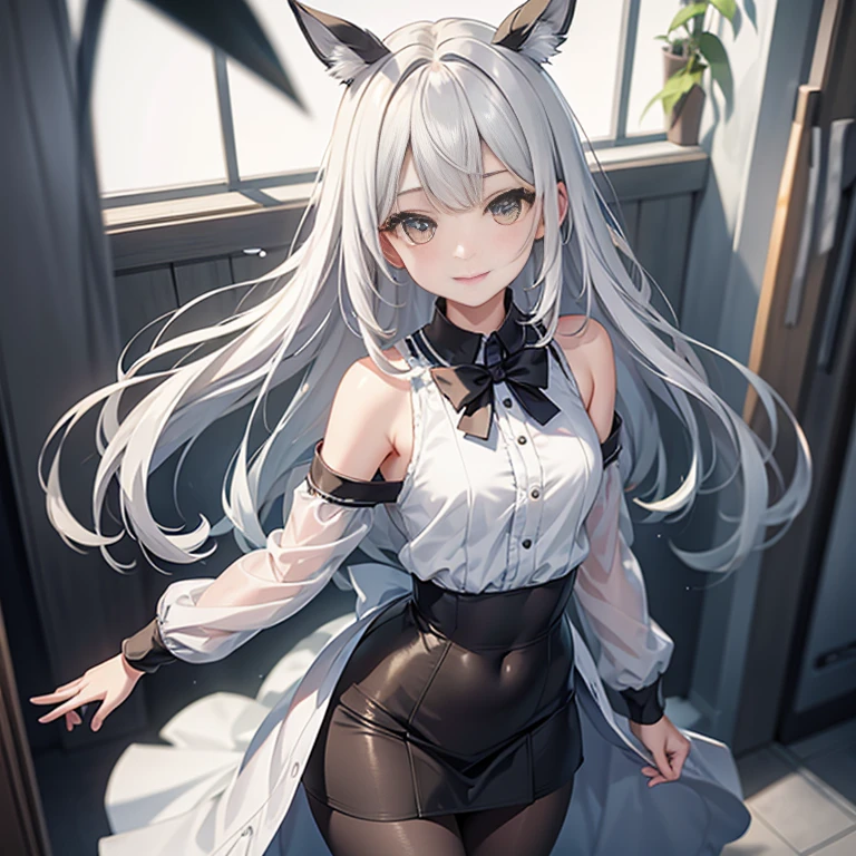 cat ear,long white hair,High ponytail,shackle,Hands behind your back,With a collar around the neck,mini-skirts,black lence stockings,Lie on the ground,Looking at you,weeping,Stick out your tongue,little breast,white panties,Lick the milk on the ground,Held by a rope