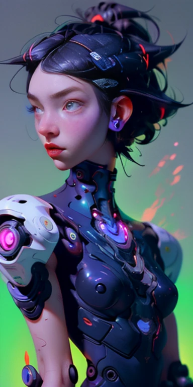 (masterpiece, best quality), 1girl, cyberpunk, upper body, fullbody, makeup, hair ornament, black hair, look front, robot body parts, cyborg, sharp, rusty, purple eyes, Ghost in the shell vibe