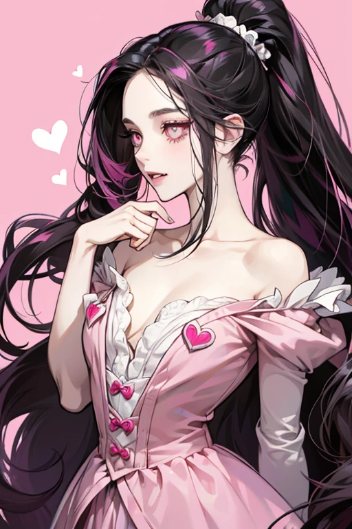 Draculaura has pale pink skin, pale pink eyes and long black hair with pink highlights. Seu cabelo seria visto muito em maria-chiquinhas, but she can wear it in a single ponytail or even loose. Many of her physical features nod to her vampire heritage., como orelhas pontudas, fangs and pale skin with a pink tinge that is especially sensitive to the sun. She also has a small pink heart just below her left eye.. Your fashion themes are vampire fangs, hearts, fitas, arcos, a cor rosa e asas de morcego.