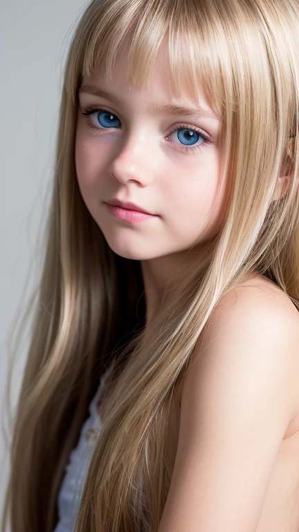 RAW photo, ((extreme beauty portrait))), (shining white skin)), 1 girl, Pretty beautiful girl of 12 years old from Prague, (whole body),nude,topless,(shiny bright natural blonde hair)), [blue eyes], silky thin hair, straight long hair, eyeliner, bangs, hair between eyes, fluttering hair, small smile, ((masterpiece, 最high quality, ultra detail, film light, intricate details, High resolution , 8K, very detailed)), detailed background, 8K UHD, Digital single-lens reflex camera, soft light, high quality, film grain, Fujifilm XT3, shallow depth of field, Natural light, (perfect hands), perfect beautiful face, 