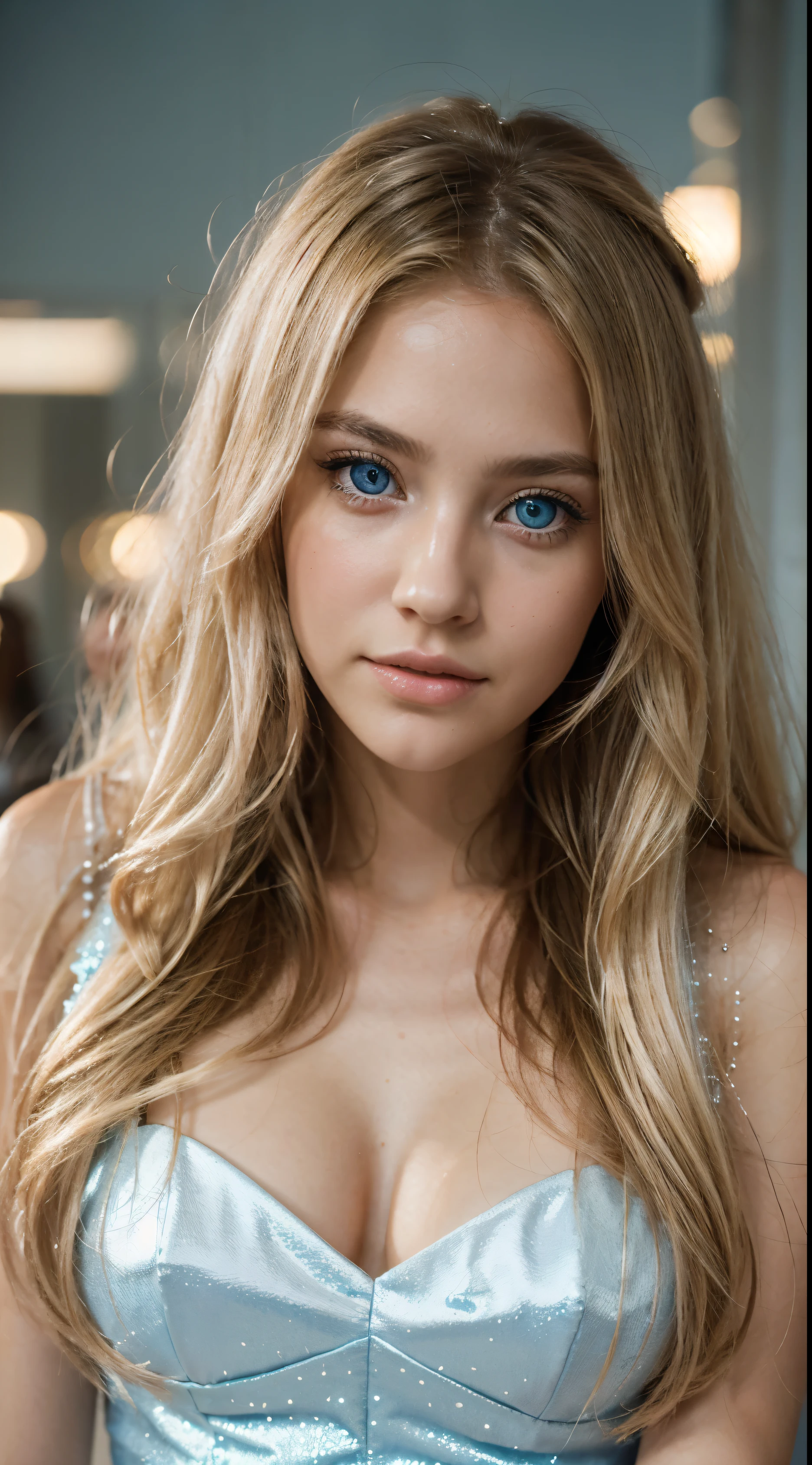 1 girl, very disheveled hair, |blonde, very beautiful long shiny hair, very beautiful pretty face, shiny shiny beautiful skin, solo, super high quality, hard focus, film grain, super high resolution, masterpiece, sparkling nice detailed crystal clear light blue eyes, wedding party