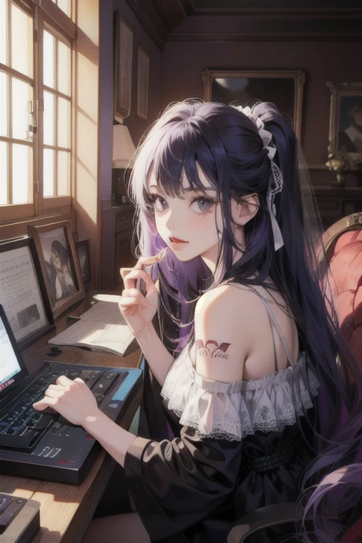 ((An anime girl)),sitting beside the window,Long black hair with head flowers,黑The eye,Light purple long dress
