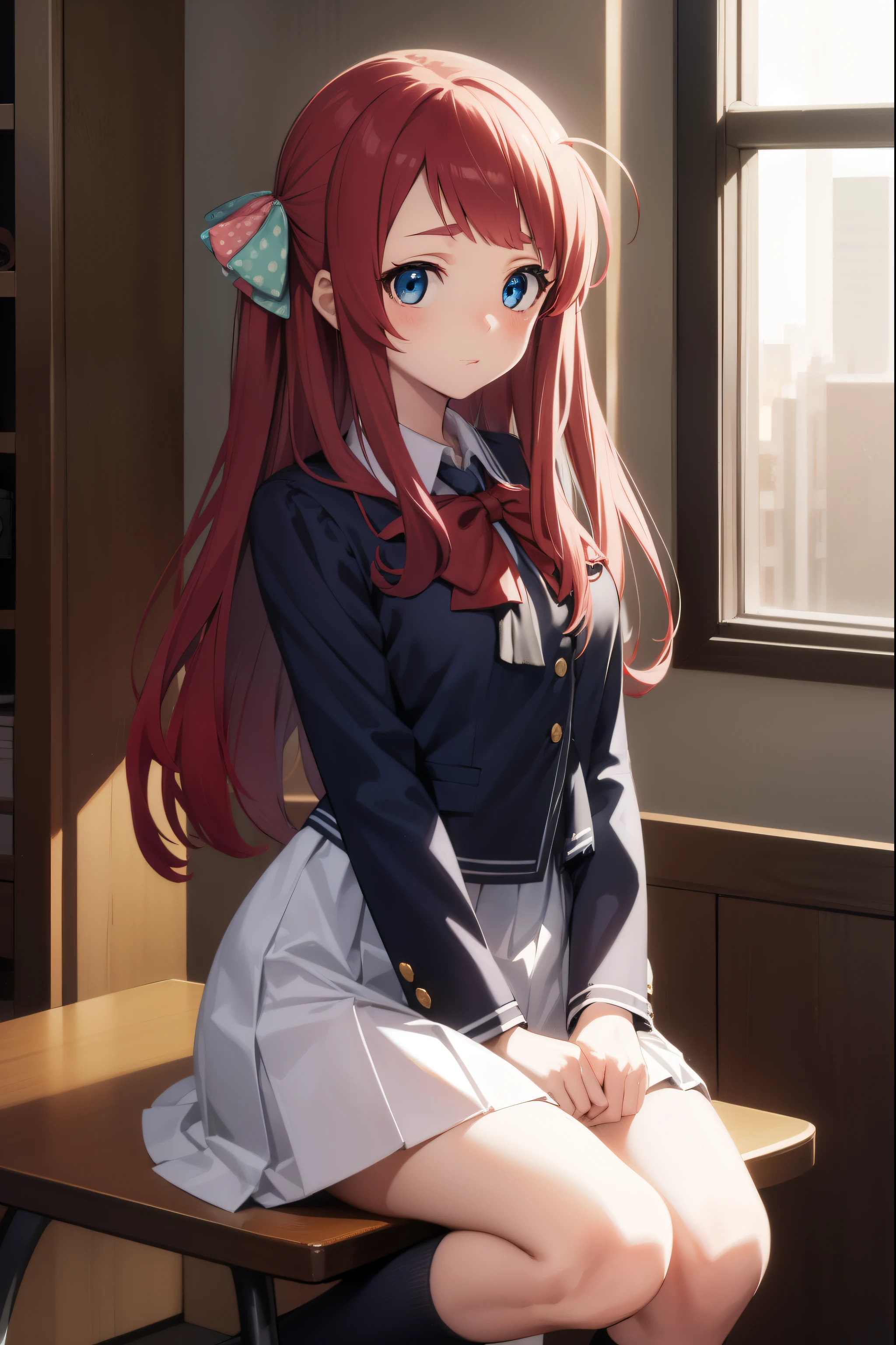 sakuraminamoto, sakura minamoto, blue eyes, long hair, red hair, one side up, hair bow, green bow, red bow, ahoge, polka dot, polka dot bow, (small breast:1.2),
BREAK bowtie, long sleeves, school uniform, serafuku, skirt, white skirt,
BREAK looking at viewer, full body,
BREAK indoors, classroom,
BREAK (masterpiece:1.2), best quality, high resolution, unity 8k wallpaper, (illustration:0.8), (beautiful detailed eyes:1.6), extremely detailed face, perfect lighting, extremely detailed CG, (perfect hands, perfect anatomy),