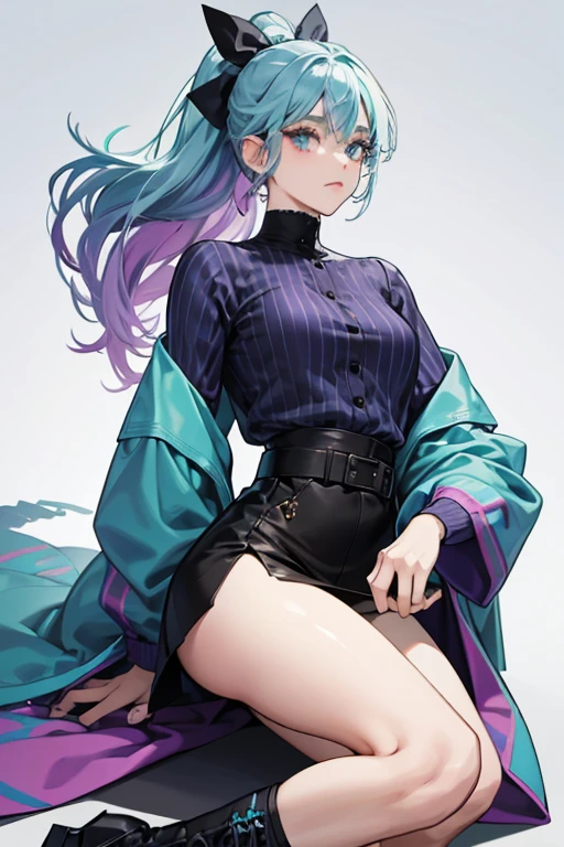 Twyla has light purple-blue skin with gray hands and forearms.. Gray color patterns, invocando sombras, swirl from your ankles to the middle of your legs. Her hair is pastel green with blue and purple stripes that reach down to her hips., and your eyes are purple-pink, mas brilham verdes no escuro.
Her clothes are chosen to show her off as a little girl, since she wears a baggy shirt 3/4 de manga azul escura com estampa de aranha preta. The shirt has a medium-sized black bow in the middle. Uma pequena saia em camadas cobre suas pernas. Her boots are navy blue with heels. Its fashion colors are pastel green, azul escuro e preto. The themes incorporated into his killer style are dust, fechaduras e chaves, smoke, sombras, insetos e apanhadores de sonhos.