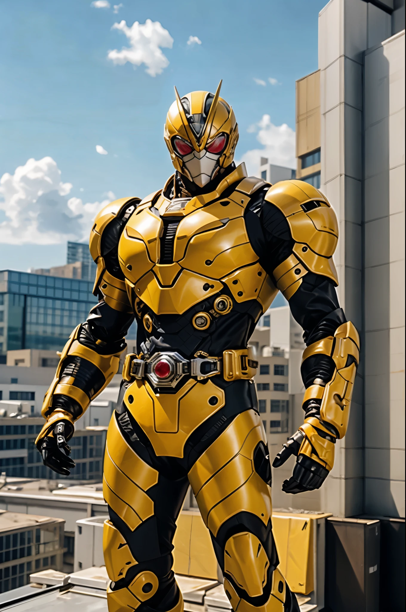 A super a high-tech biotech battle suit, standing on a rooftop, looking over the city, Japanese tokusatsu and American comic style, biometallic texture of the suit, sleek and shiny, dynamic, fast, natural light, cinematic, high quality, high resolution, high detail, sophisticated design, dramatic, high definition, ultra-detailed, ultra-fine painting, extremely delicate, creativity, Natural light, cinematic lighting, best shadow, masterpiece-anatomy-perfect