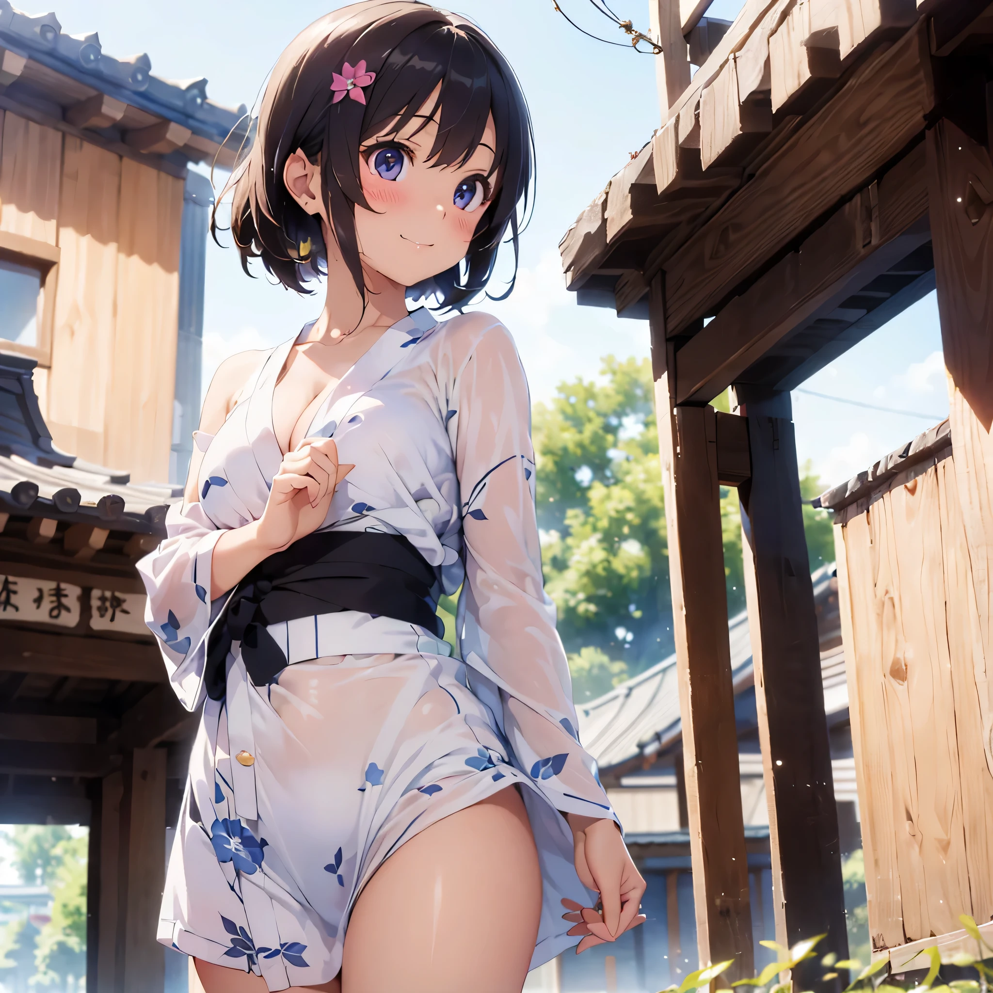 (masterpiece:2.0), (highest quality:2.0), (getting naked at a shrine:1.5), (pink berry short yukata:1.5), (Super Sexy Pose:1.5), (look up from below:1.5), (Perfect exposed shoulders:1.5), (Perfect exposed nape:1.5), (blushing face:1.5), (cover your crotch with your hands:1.5), (cover your chest with your hands:1.5), (spill:1.5), (realistic:1.5), You can see on the side, 1 , precision small hands, embarrassed look, light smile, A surprised face to see me, very cute girl, innocent face, young face, clear eyes, shining eyes, small breasts, I can see your shoulders, Tummy is visible, I can see the cleavage, Pubic hair does not grow, dynamic posing, beautiful skin, Super fine, highest resolution, Japan High School Student, golden hair