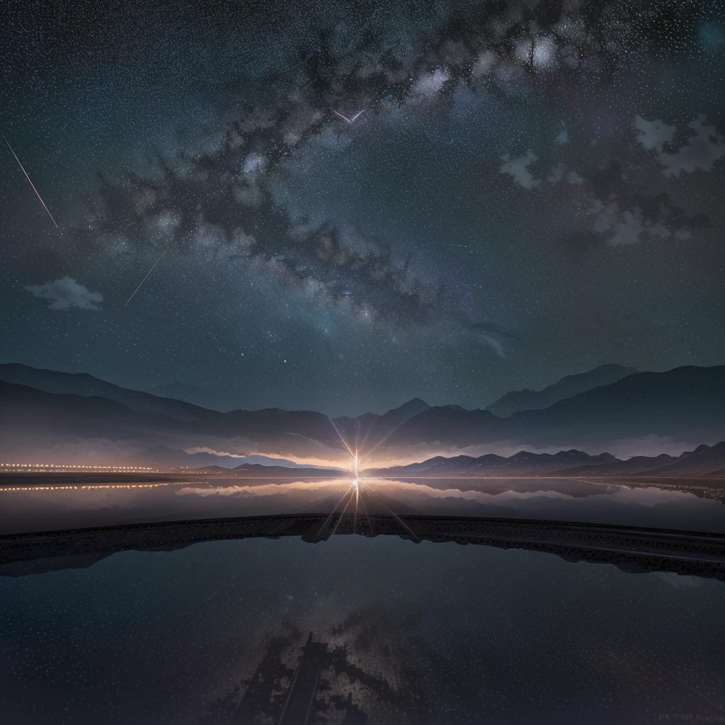 High-quality masterpieces, landscapes, railway tracks, meteor crater, bright starry sky. Shooting star. Romantic liner, pixiv, concept art, lofi art style, reflection. Makoto Shinkai, rophy art, beautiful anime scenes, anime scenery, detailed scenery — width 672, Makoto Shinkai's style, Makoto Shinkai's style, enhanced details.