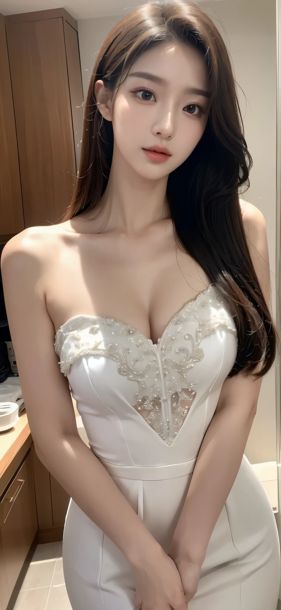 (best quality, 8K, masterpiece, ultra high definition: 1.3), (kpop idol: 1.3), 1 , (: 1.2), (long hair),  Perfect body, Beautifully, beautiful eyes, double eyelids, Hands are super thin, Super thin fingers, ((Korean wedding dress))，开衫elegant  , detailed  , elegant  , Luxury hotel 5 star,，