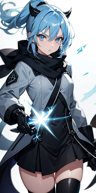 anime girl, blue eyes, fierce expression, very short sky blue hair, pointy ponytail, black assassin-like attire, grey scarf, winter magic, ice sword