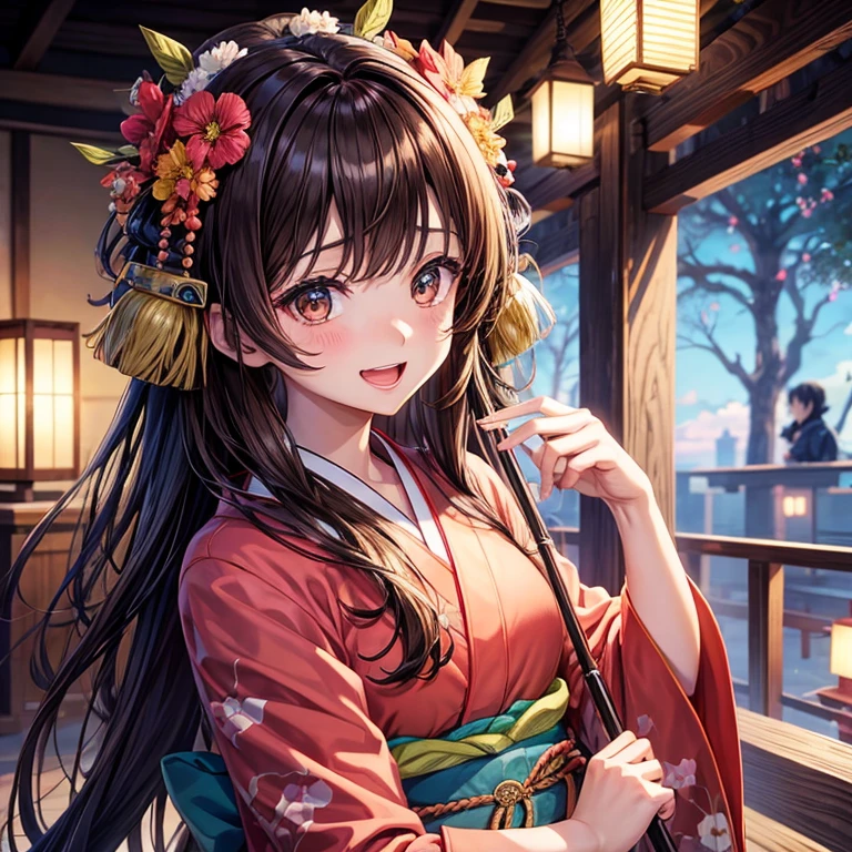 anime、beautiful girl、kimono、brown hair、Black eyes glow、laughter、Odango Hair、battledore、