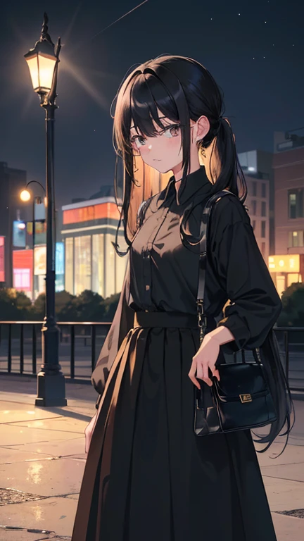 (masterpiece, best quality), ((1个girl, () long black hair), ，（time：dark night，Place：deserted park） （girl（black long skirt，white lining）），（girl表情（cry，sad）），《注意Place在deserted park，surrounding houseewer street lights！》