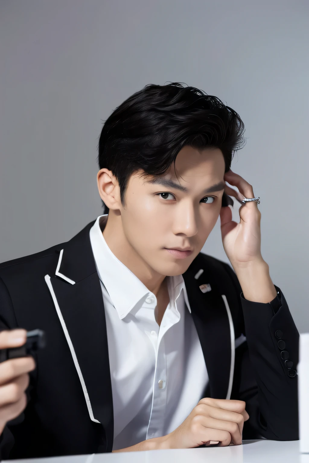 at office,black business coat,Attractive man,Live-action photo,Handsome and sunny,(SLR effect,真实感,8K,Hyper-detailing,Absolute realism)