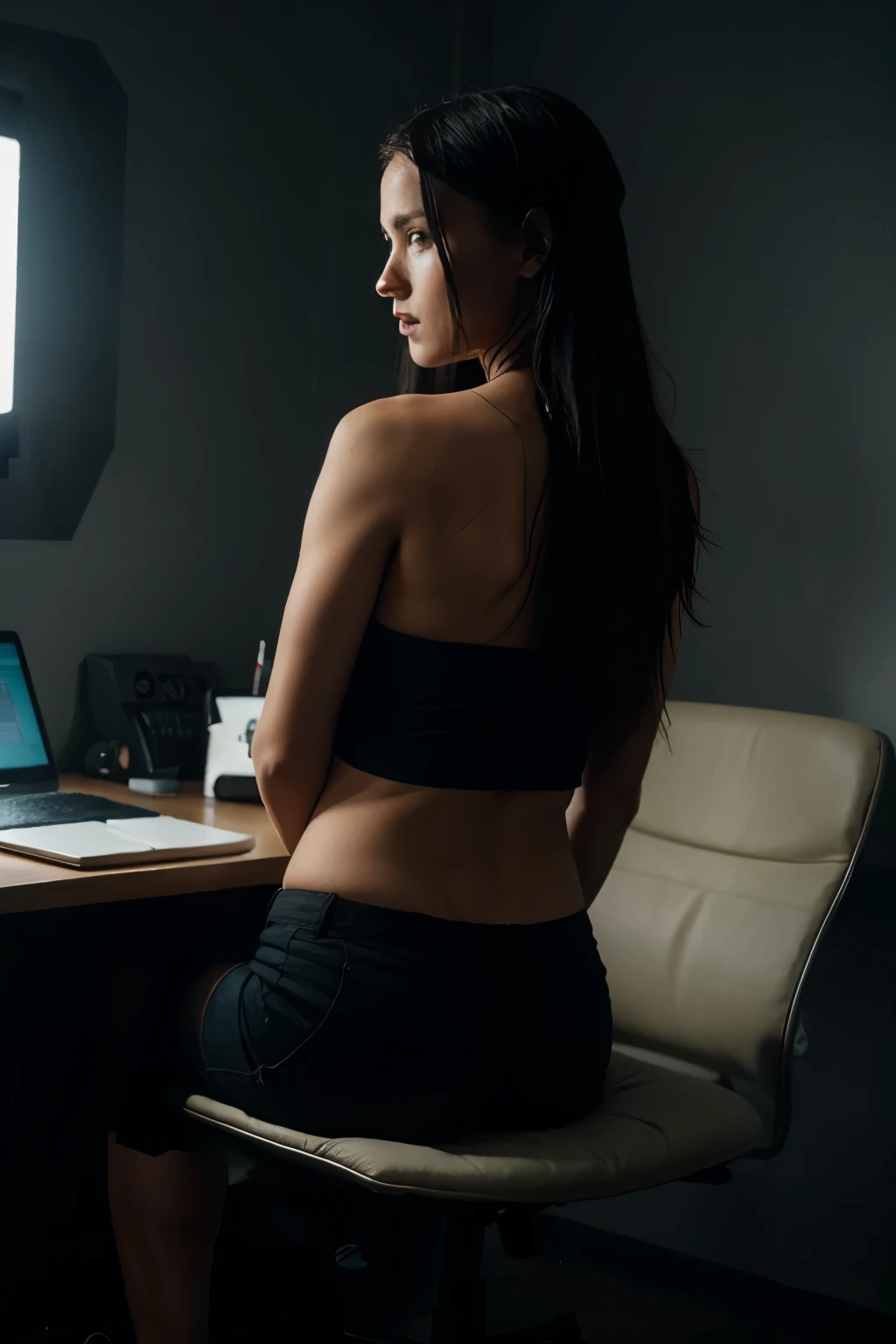 dark hacker room, with laptop and lisbet salander from back, seating in chair